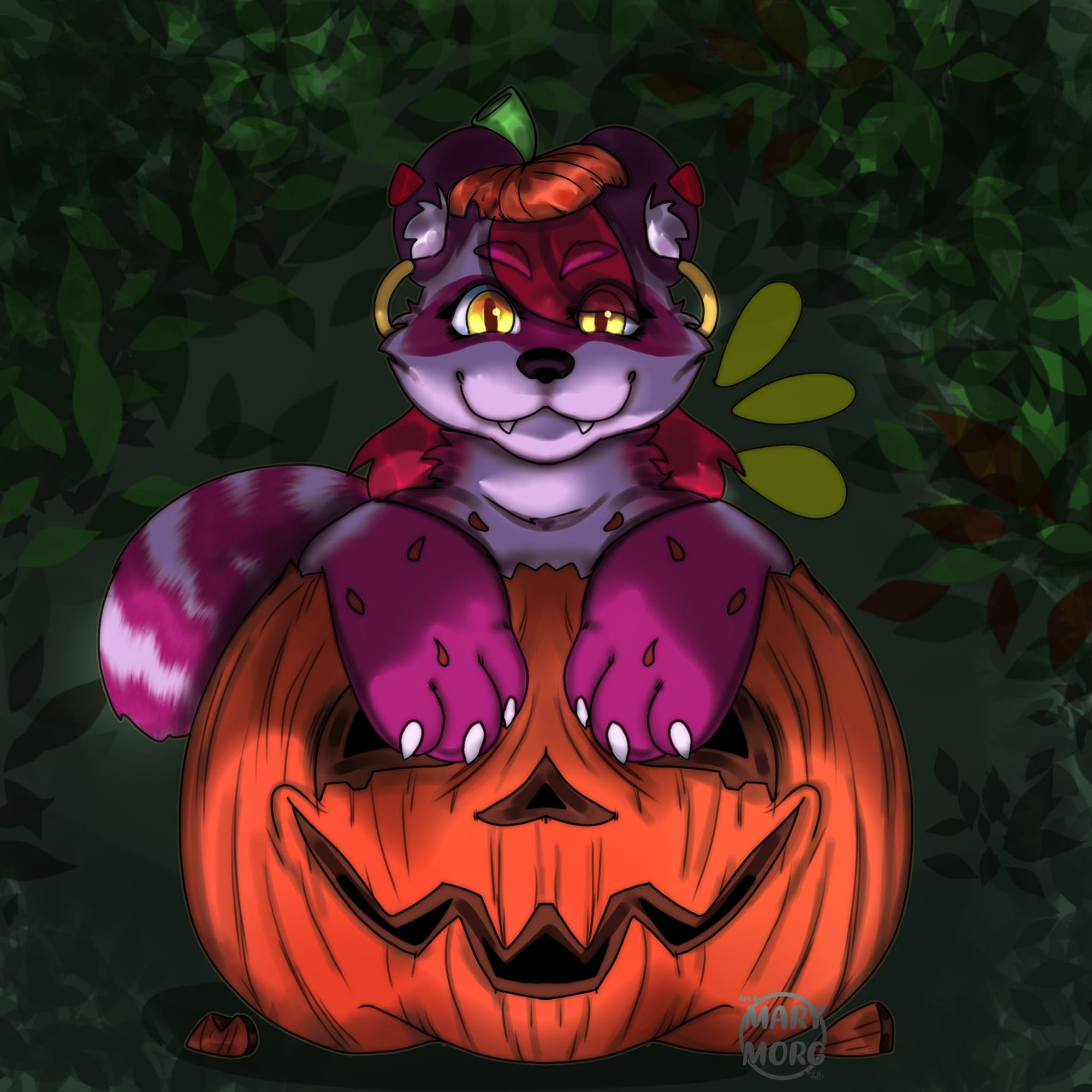 cuddly raccoon in a halloween pumpkin