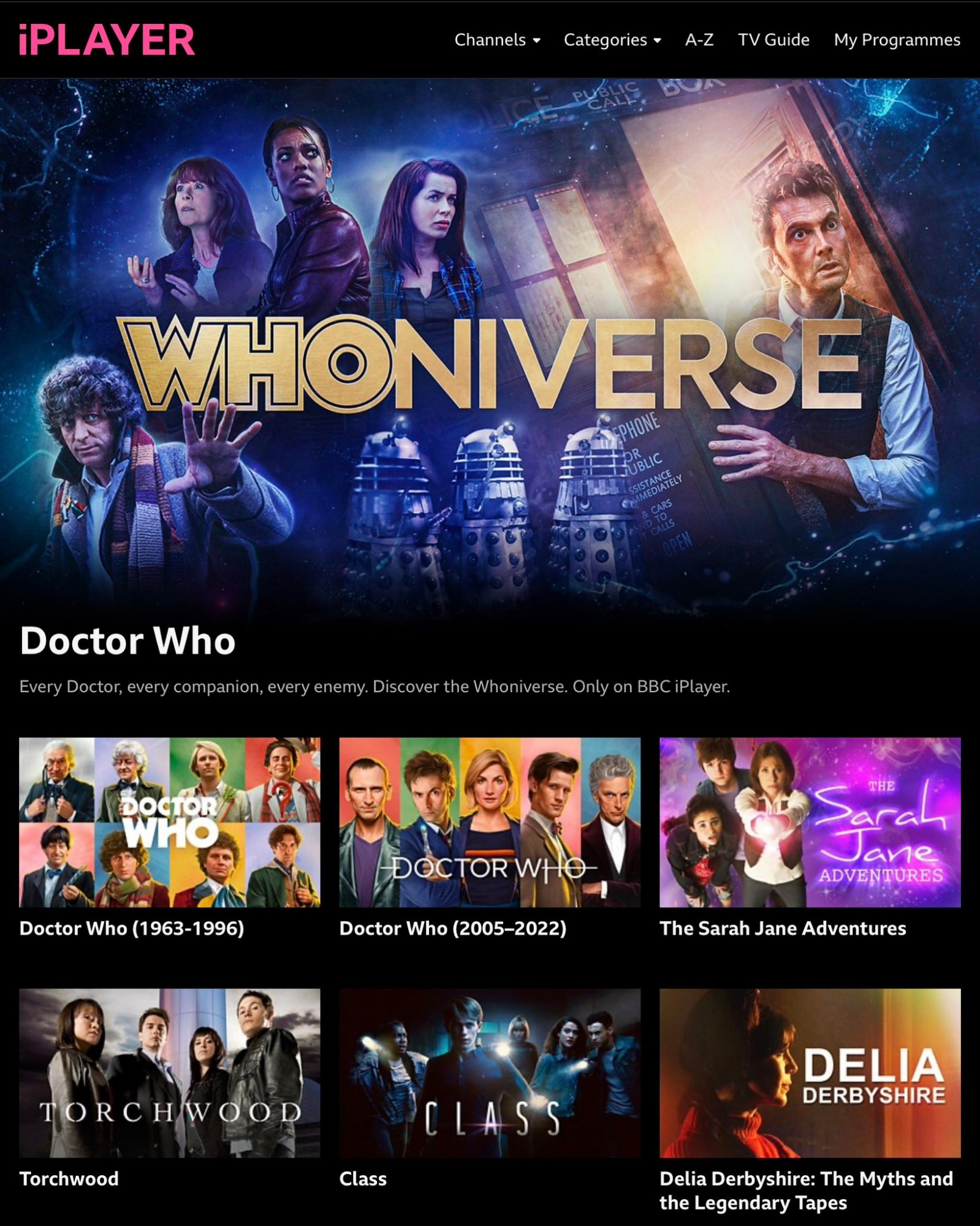 Capture d'écran de la section Whoniverse sur iPlayer