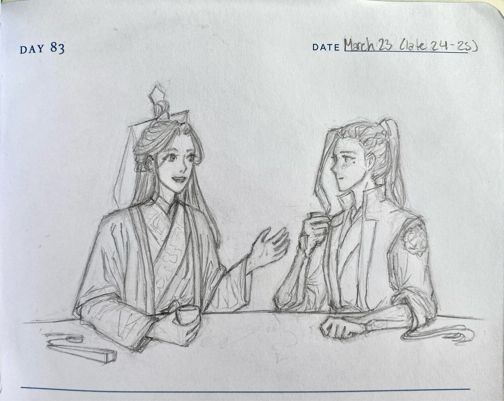 Pencil drawing of Shen Qingqiu and Liu Qingge sitting at a table together and drinking tea. Shen Qingqiu is smiling and talking animatedly, while Liu Qingge smiles at him softly with a faint blush.