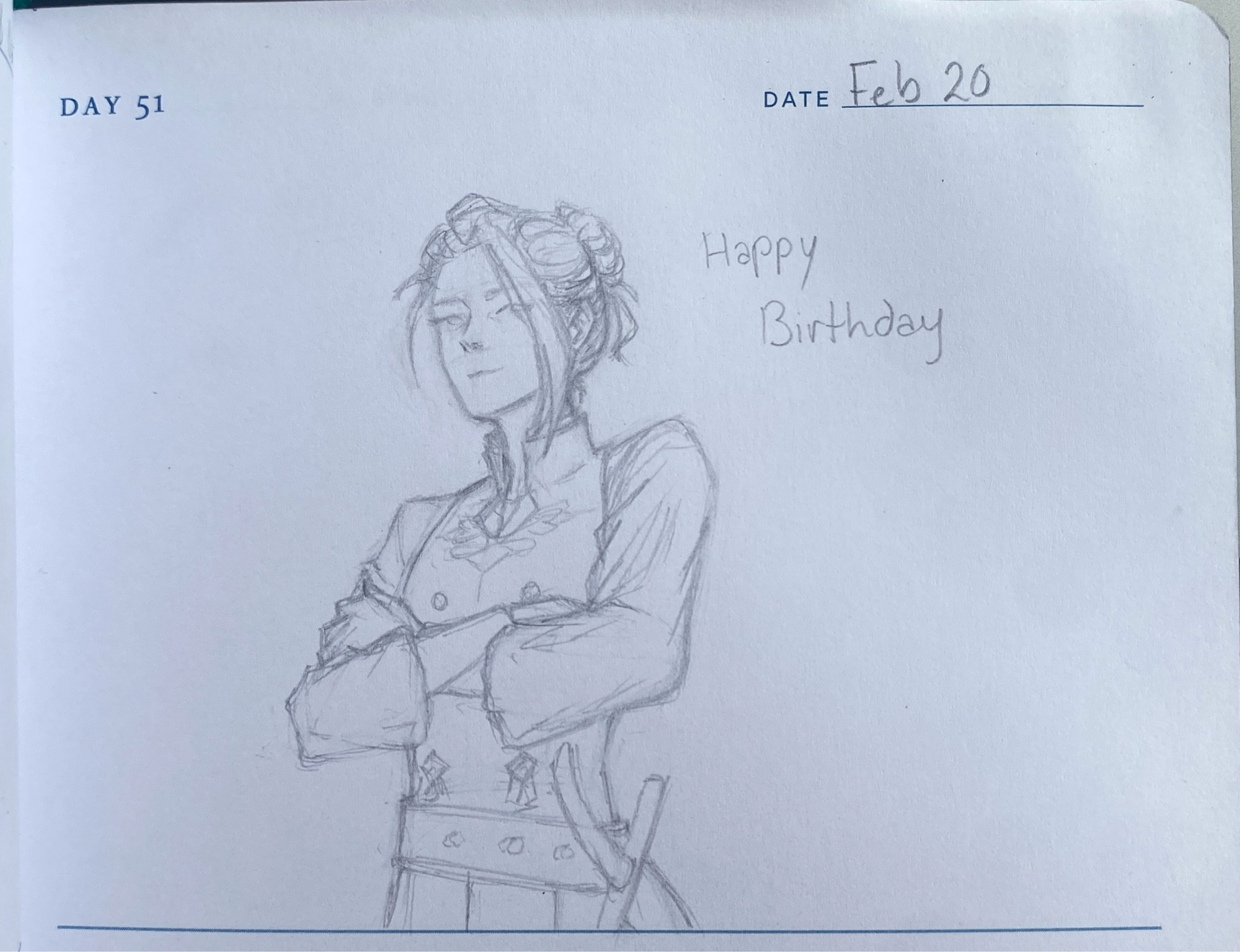 Pencil drawing of pre-timeskip Felix from fire emblem with his arms crossed, looking down at the viewer and smirking slightly. Text reads “happy birthday.”