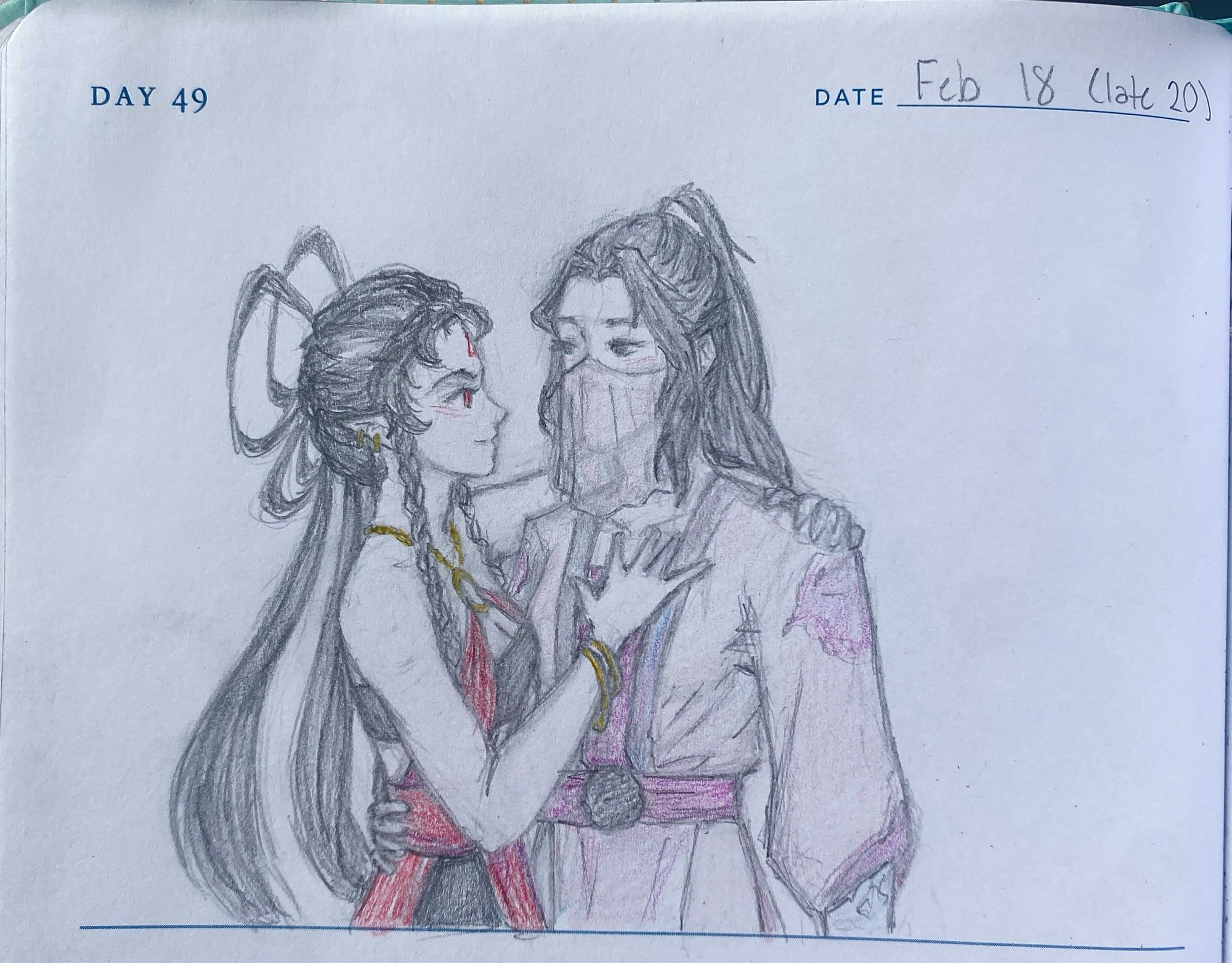 Pencil drawing with red and purple coloured pencil of Sha Hualing and Liu Mingyan. SHL has one arm around LMY’s shoulders, and her other hand on LMY’s chest. LMY’s hand is wrapped around SHL’s waist. SHL is smirking, and LMY’s face is obscured by her veil.