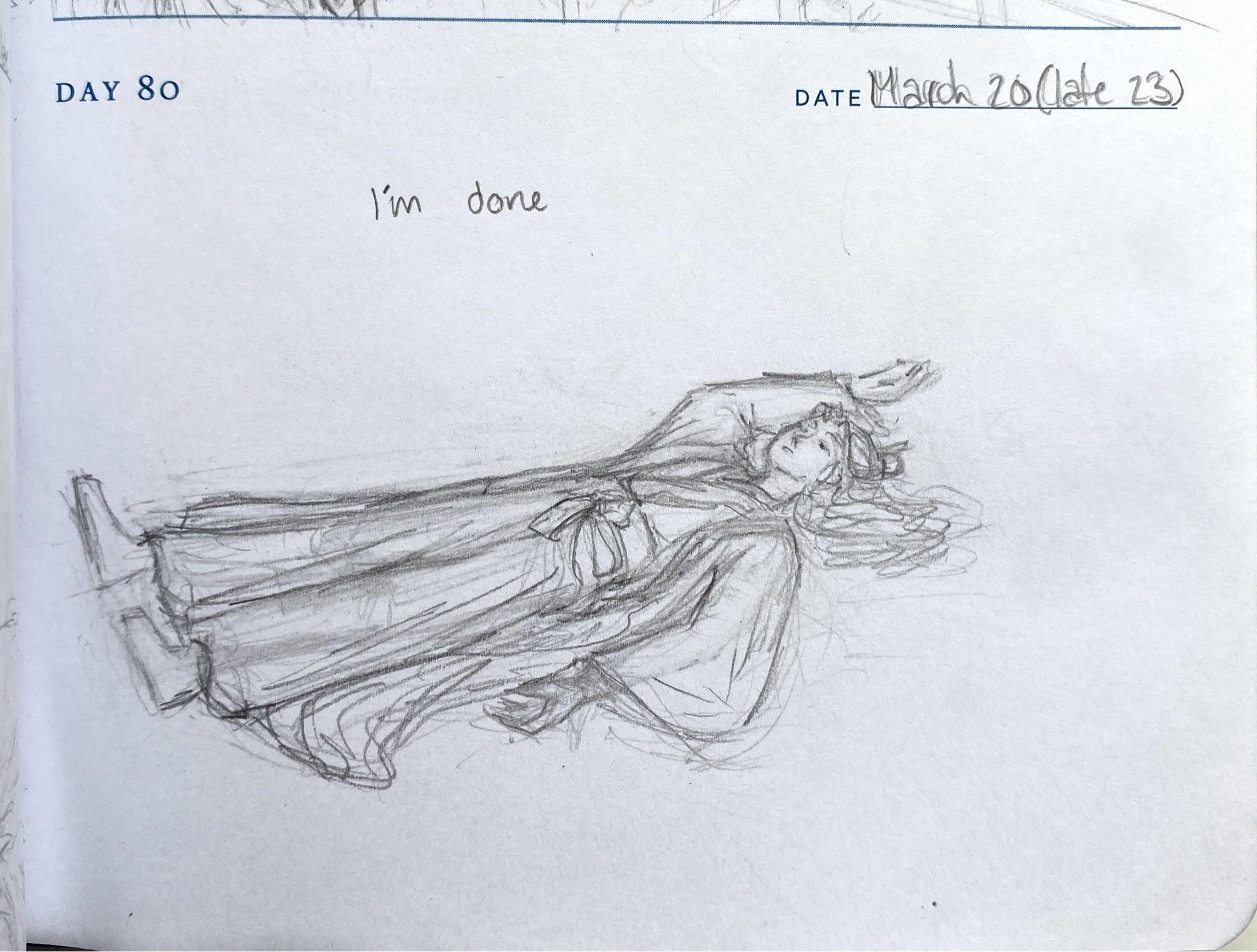 Pencil drawing of shen qingqiu lying face-up on the floor with his eyes closed and his arms splayed in different directions. Text reads “I’m done”