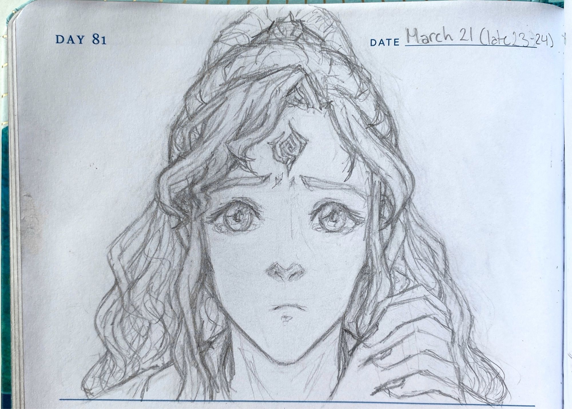 Pencil-drawn portrait of Luo Binghe with his hands clasped together, looking at the viewer with a pout and big, teary eyes.