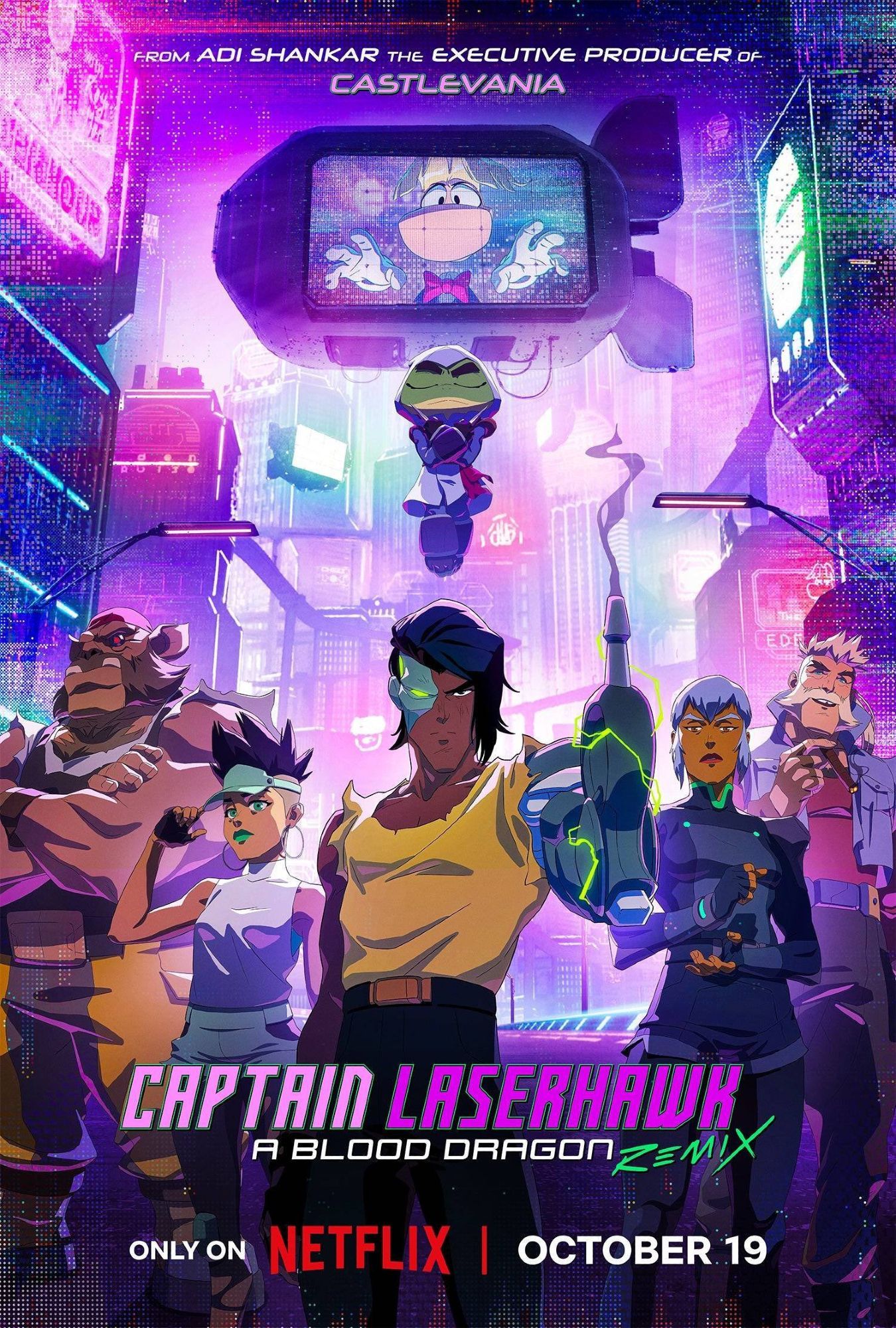 Poster for the Netflix series CAPTAIN LASERHAWK: A BLOOD DRAGON REMIX. It features a glowing purple cyberpunk dystopia in the background, with the main character Dolph Laserhawk standing in the foreground. Around him, from left to right, are the characters Pey'j, Jade, Sarah and Alex, with the assassin bullfrog directly above him, and above that is a floating TV screen with the character Rayman on it.