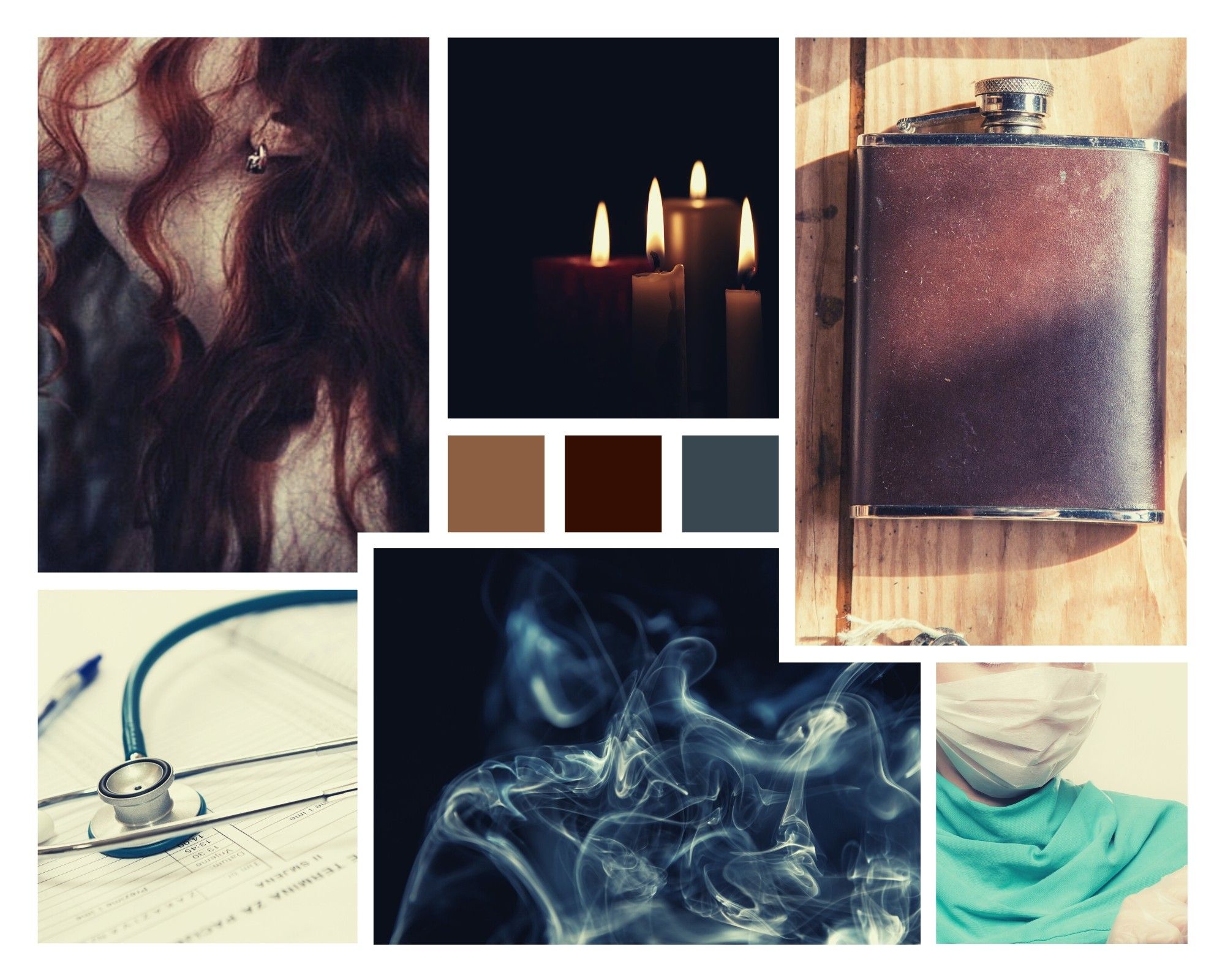 Photo collage: 
Top left: side view of a curly redheaded woman with a silver earring 
Top middle: 4 lit candles 
Top right: flask sitting on wooden table
Bottom left: blue stethoscope sitting on top of paperwork 
Bottom middle: wispy smoke against black background 
Bottom right: medical professional wearing surgical green and a white mask