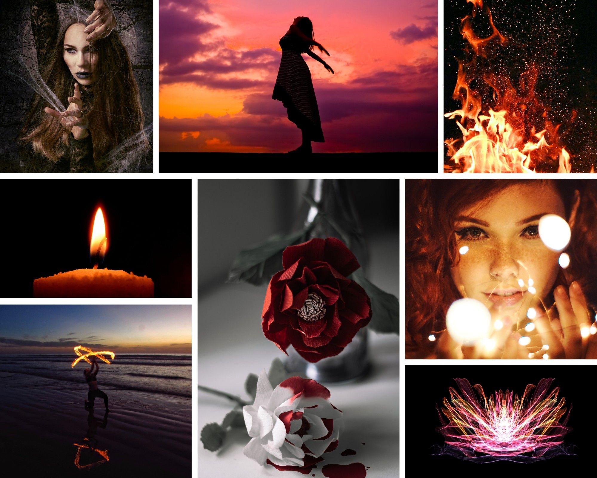 Photo Collage featuring 8 photos. 
Top Left: Brunette woman casting spidery magic. 
Top Middle: Woman in a dress silhouetted against a vibrant pink sunset. 
Top Right: Crackling red flames. 
Middle Left: Burning yellow candle. 
Middle/Bottom: two roses, one red, one white. The white one has blood drops on it. 
Middle Right: Woman with red curly hair and dark eyeliner holding twinkle lights. 
Bottom Left: Woman standing on beach doing fire magic. 
Bottom Right: pink gold and orange lotus made out of light fractal art