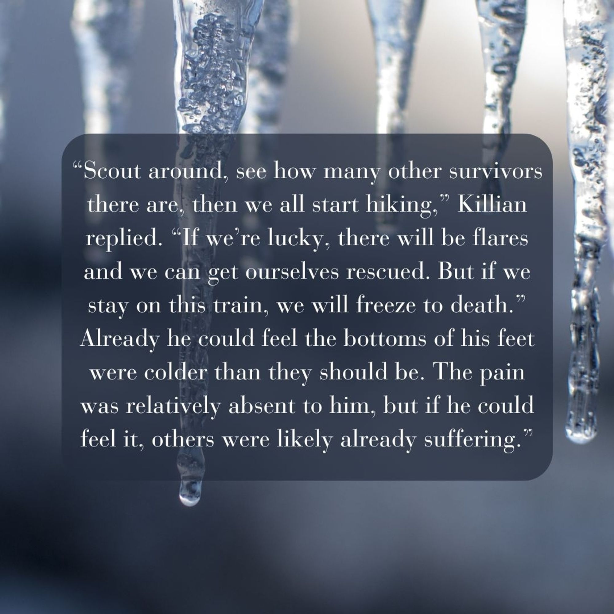 “Scout around, see how many other survivors there are, then we all start hiking,” Killian replied. “If we’re lucky, there will be flares and we can get ourselves rescued. But if we stay on this train, we will freeze to death.”
Already he could feel the bottoms of his feet were colder than they should be. The pain was relatively absent to him, but if he could feel it, others were likely already suffering.”