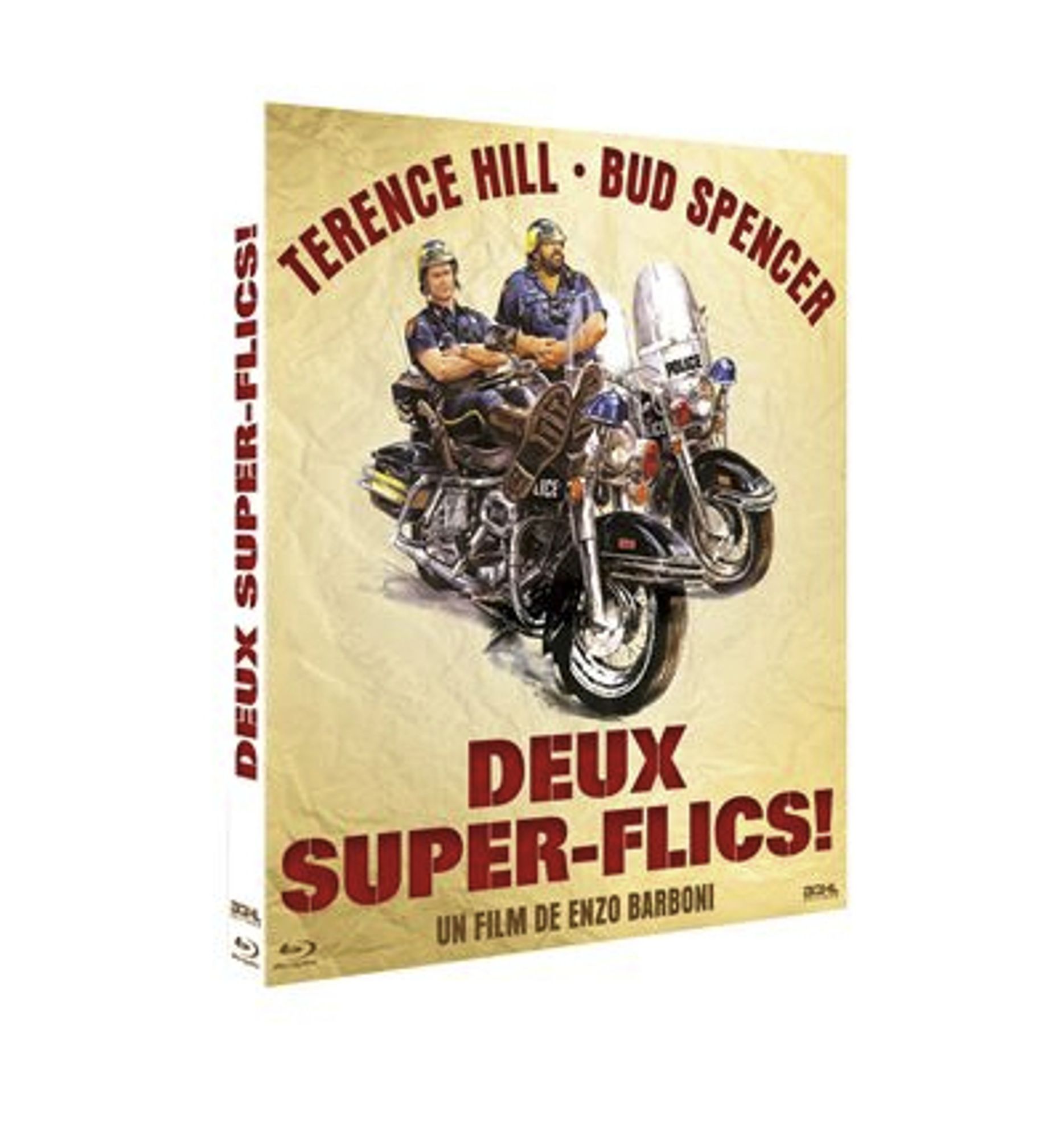 Jaquette de « Deux Super-Flics! » où l'on voit Terence Hill et Bu Spencer juchés sur leurs Harley en tenue de flics.