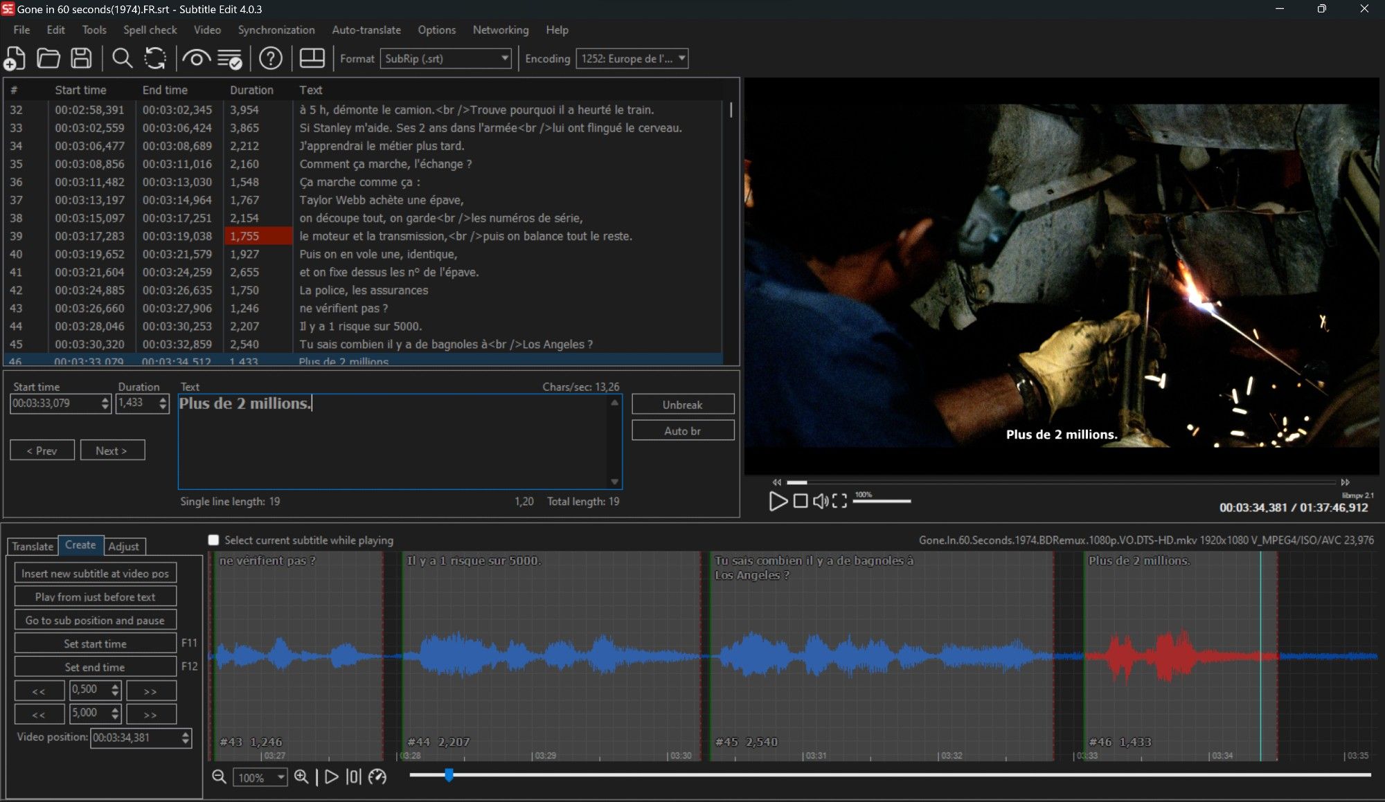 Capture d'écran de Subtitle Edit sur la traduction et le sous-titrage de Gone in 60 seconds.