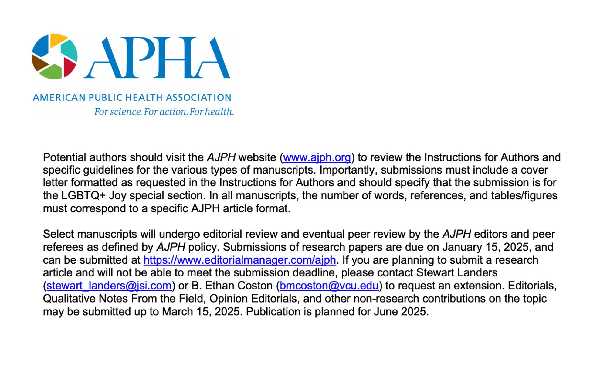 Text of the AJPH Call for Papers on LGBTQ+ Wellbeing, Flourishing, Pride and Joy. For the full text and submission instructions visit https://ajph.aphapublications.org/callforpapers