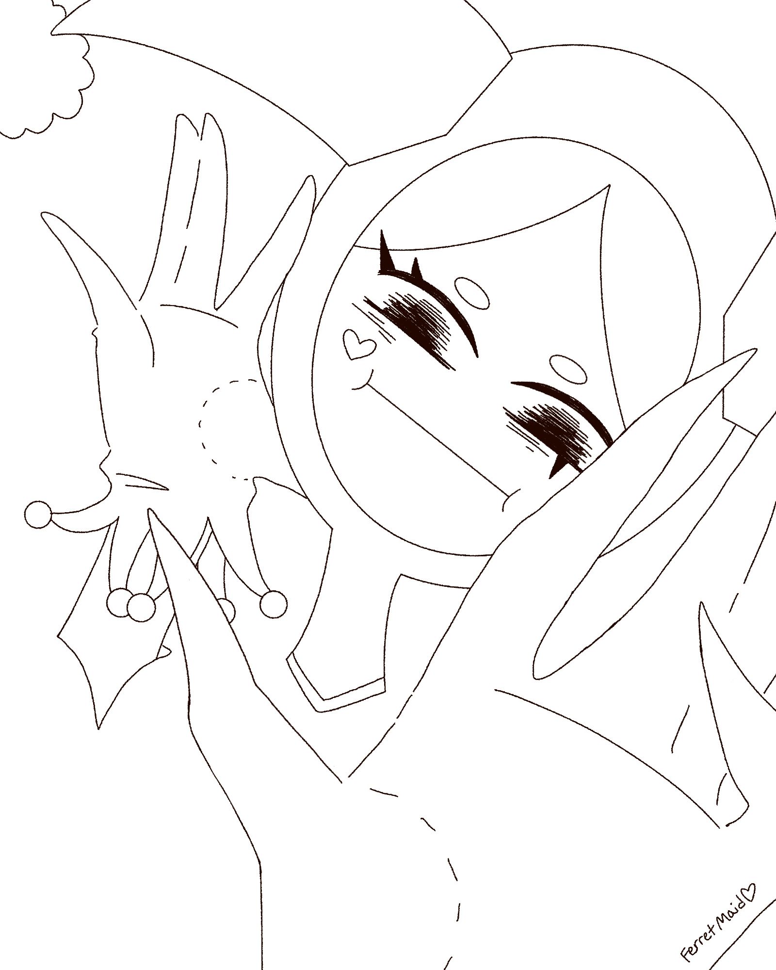 A work in progress line art of a spooky jester girl!