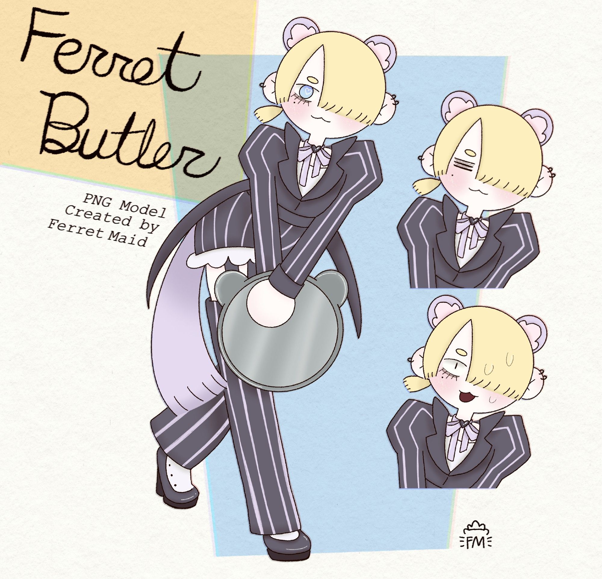 A png model of my character in a butler outfit showing the full model and two extra expressions: shocked and relaxed