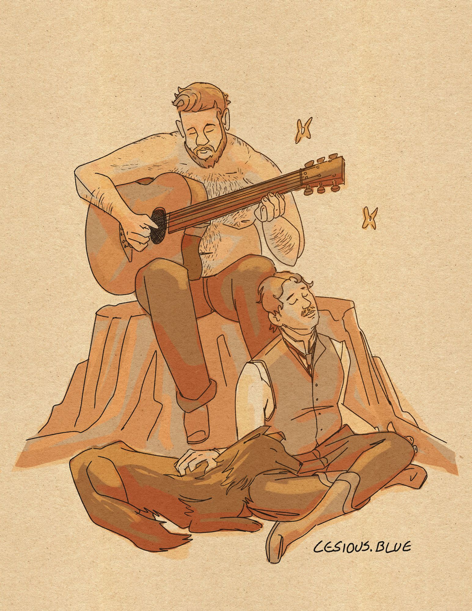 illustration of two men and a dog relaxing, one, a fat hairy man, plays the guitar. The other wearing a vest leans back against the first man's knee