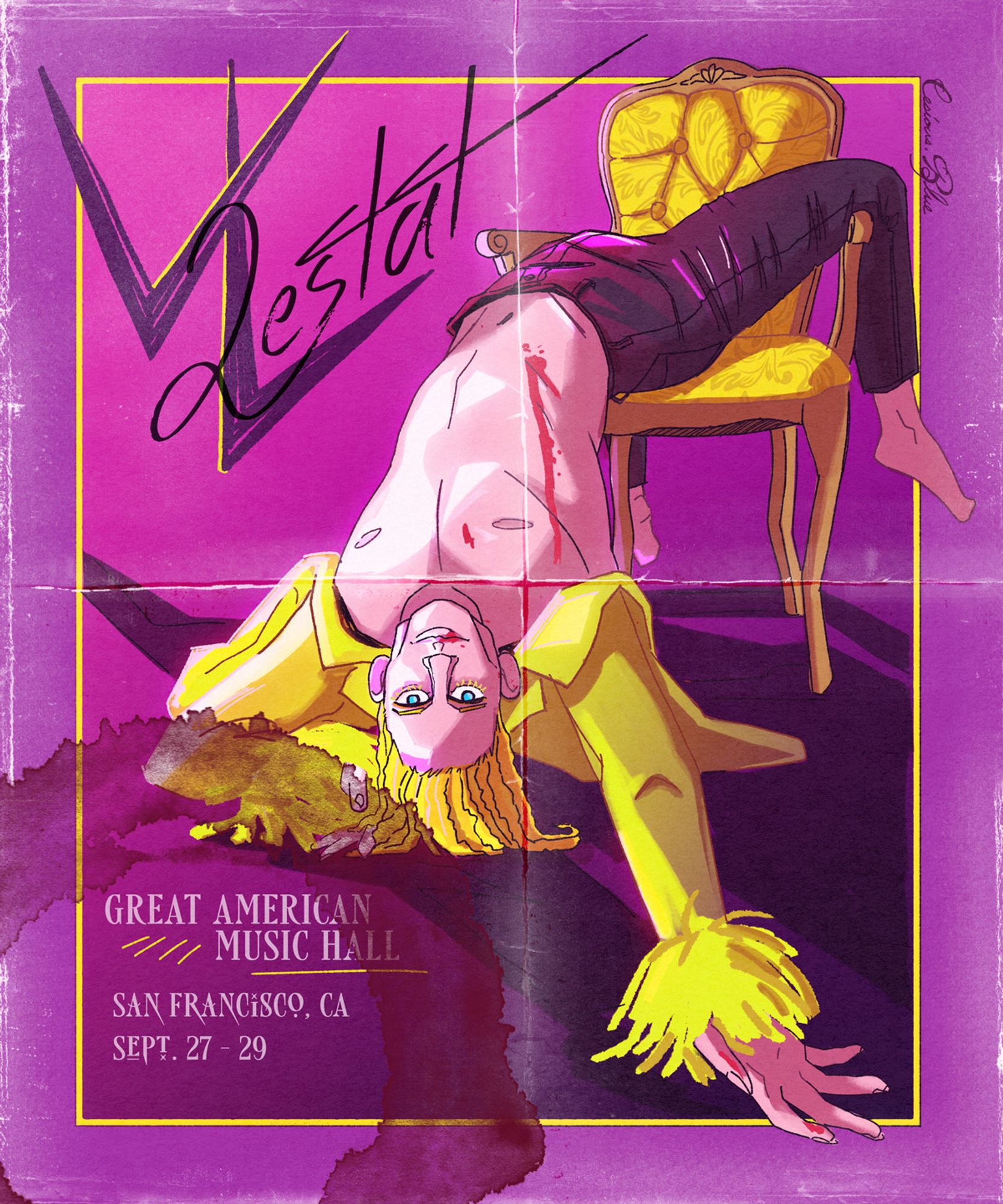 Signed concert flier for the Vampire Lestat show at the Great American Music Hall San Francisco, CA Sept 27-29. He is dramatically leaning upside down out of a chair, shirtless but wearing a bright chartreuse jacket and leather pants. The paper seems like it's been folded and there is a red drink ring at the corner. the background is bright pink.