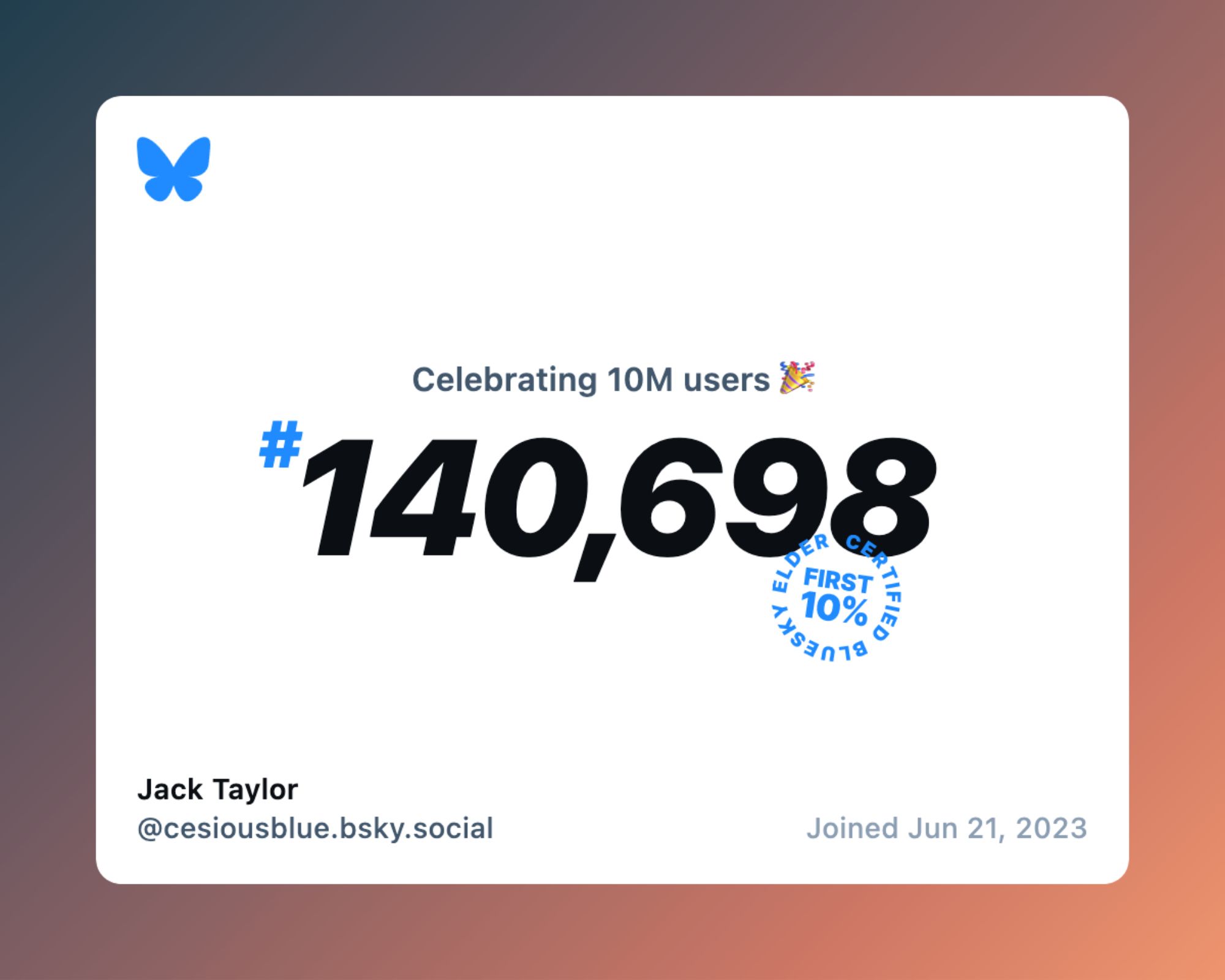 "celebrating 10M users" graphic saying Jack Taylor was user number #140,698 Joined Jun 21, 2023