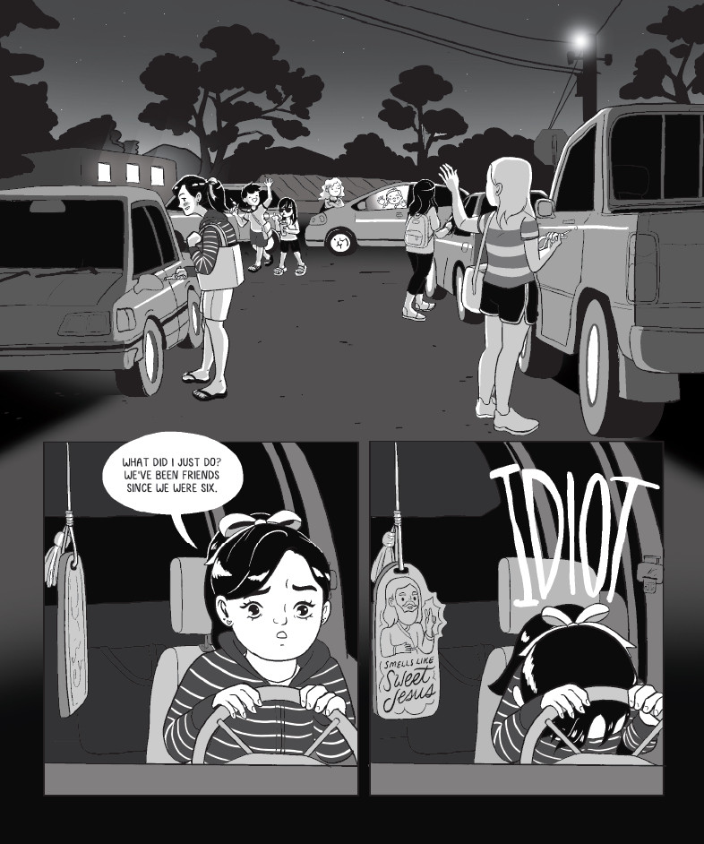 a page from Leigh Luna’s comic showing a teenager leaving her friends house, getting into her car, and regretting her actions at the party that just ended. 