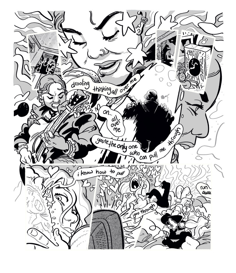 a page from Karen Czaps contribution showing a character hardcore fangirling over a butch band member on TV. 