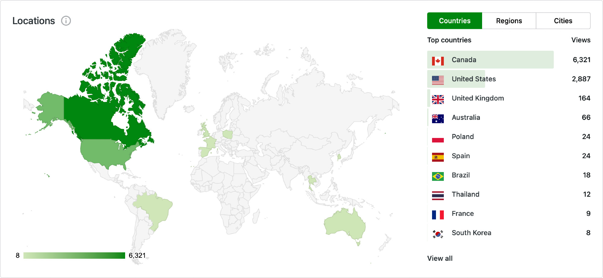Analysis showing what country web traffic is coming from:
Canada 6321 views
USA 2887 views
UK 164 views
Australia 66 views
Poland 24 views
Spain 24 views
Brazil 18 views
Thailand 12 views
France 9 views
South Korea 8 views