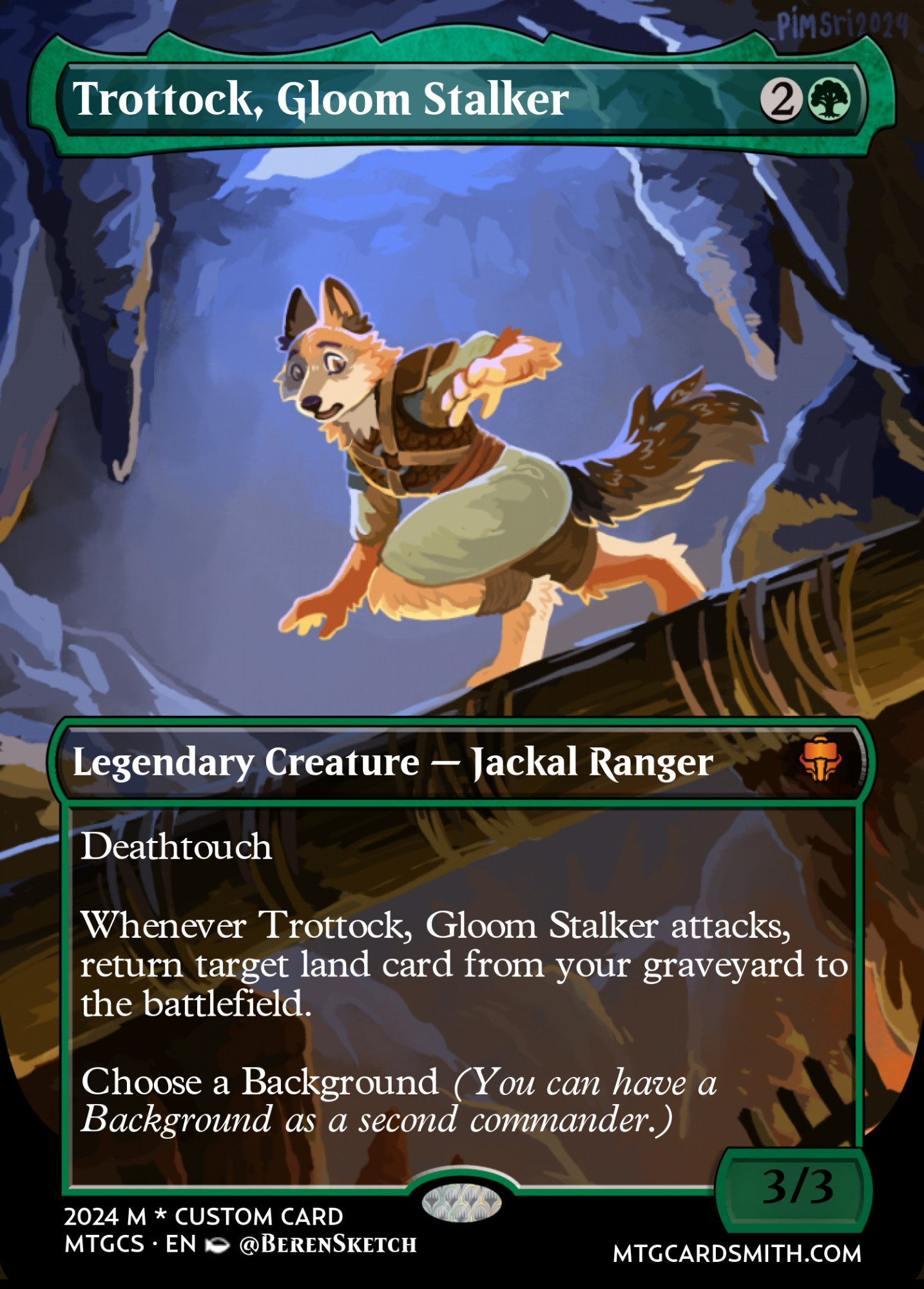 The image is a custom art version of the Magic card "Erinis, Gloom Stalker". The art depicts an anthro Jackal character in leather armor sneaking cautiously over a log bridge in a cave. 