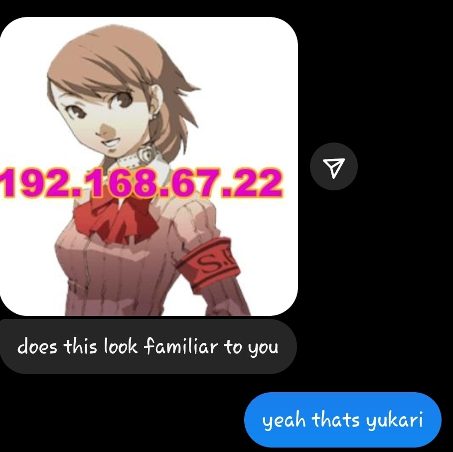 someone sent the poster a picture of yukari takeba from persona 3, with the ip address "192.168.67.22" overlaid. that person said "does this look familiar to you" and poster responds "yeah that's yukari"