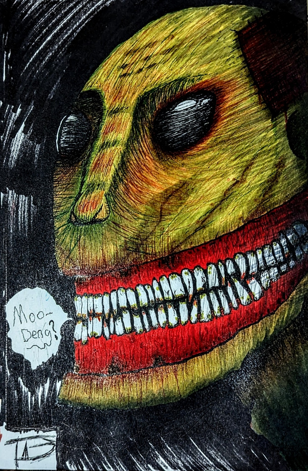 Sketch of a big spooky face emerging from the shadows. Mostly pen and marker!