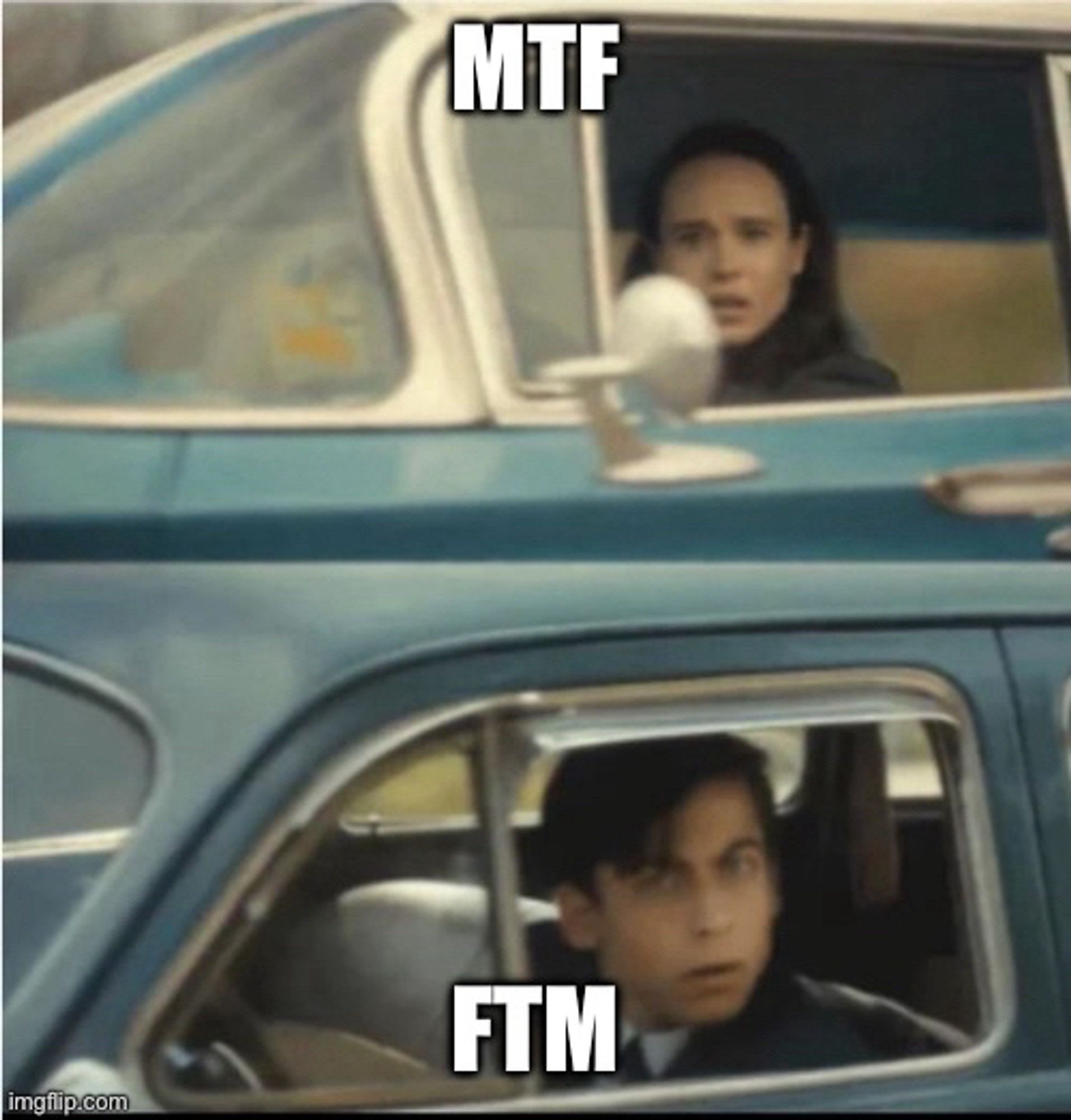 top image with a woman driving one direction looking flabbergasted, almost shocked and the top text mtf
bottom image with a man driving the opposite direction looking bewildered with the bottom text saying ftm
implying the humor of afab and amab trans people being the same in transness but wanting exact opposites
both images were taken from the netflix series the umbrella academy, depicting  victor in the top image and five in the bottom image