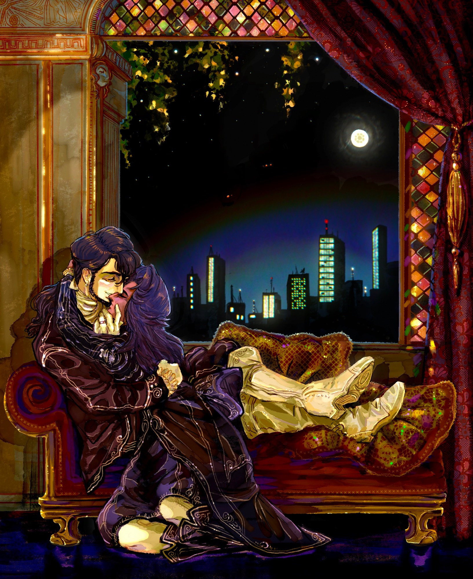 A scene drawing of two of my characters embracing on a sofa in a traditional and warmly-lit palatial room. The characters’ fantasy-like formal dress and the gold and deep reds of the room contrast with the distant and modern city skyline and dark night sky outside the window.