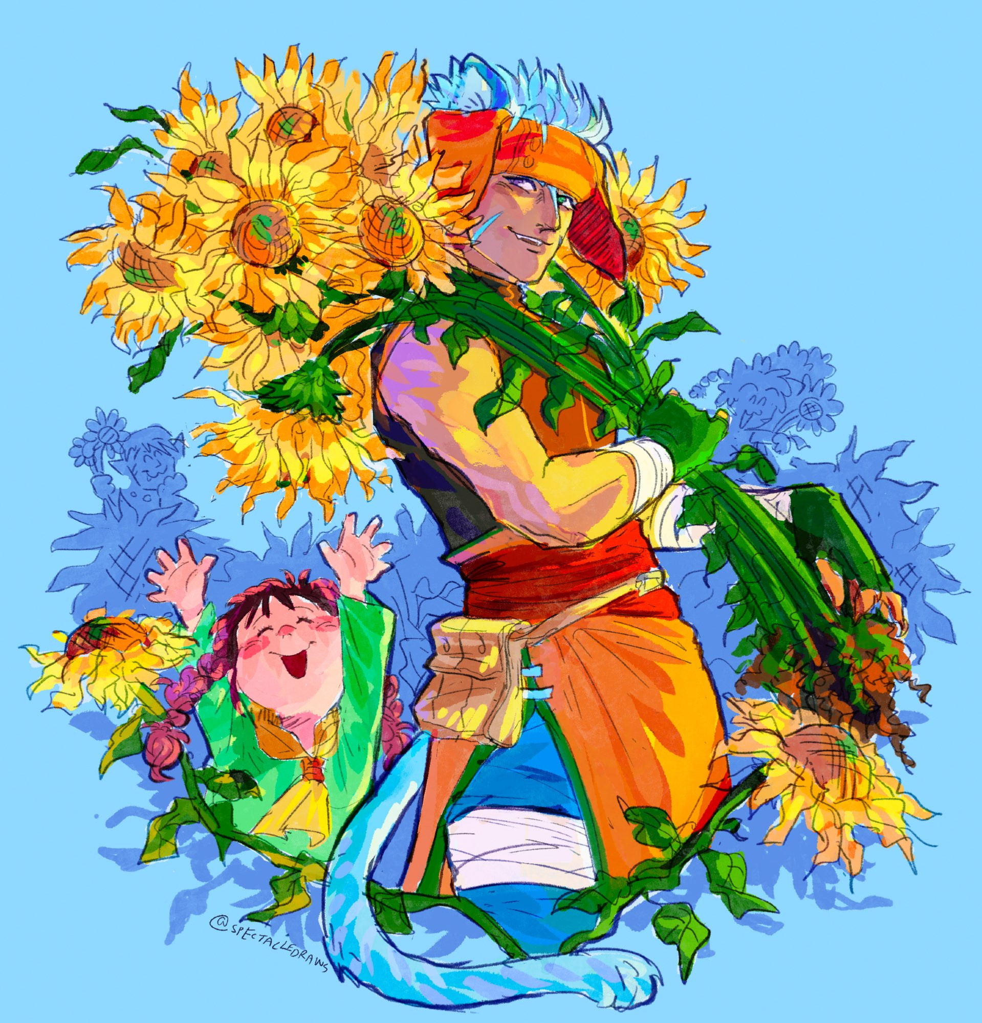 half body sketch of Ranulf from fire emblem path of radiance/radiant dawn, contentedly holding an armful of sunflowers. Amy joyfully reaches for the sunflowers, and in the background kyza and lyre happily hold some flowers in a field of sunflowers shaded blue in the distance.