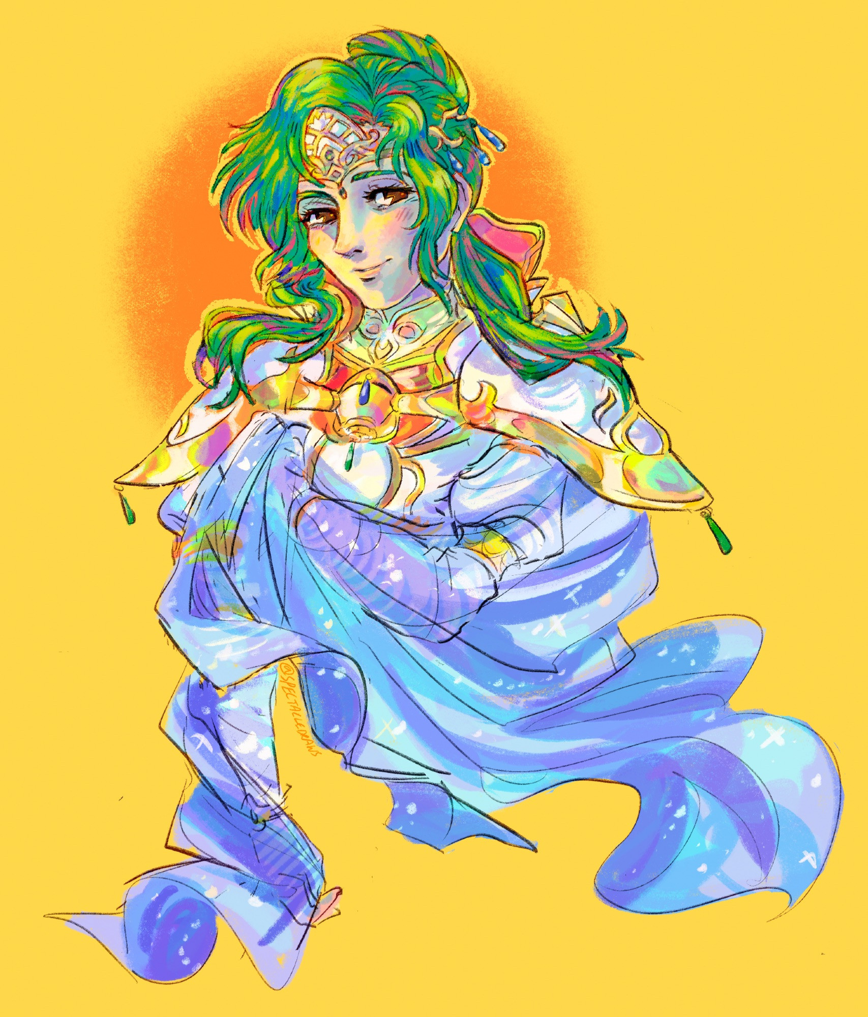 halfbody sketch of Elincia from fire emblem path of radiance/radiant dawn, specifically as her radiant dawn armor design. She smiles kindly and embraces herself with her sheer cape, shaded and lit with vibrant colors against a cheerful yellow and orange background.