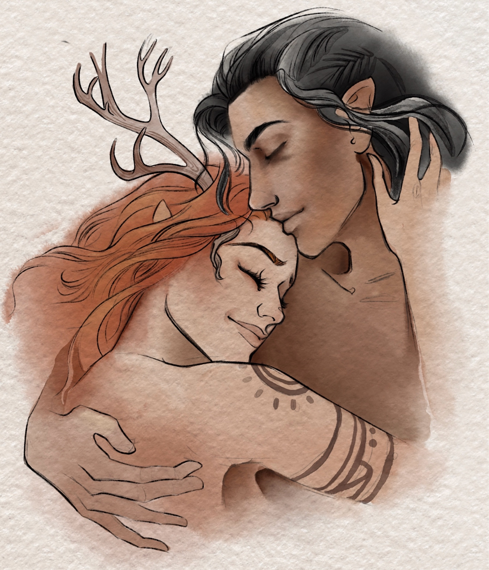 Critical Role Characters Keyleth and Vax sleeping in each other’s arms.