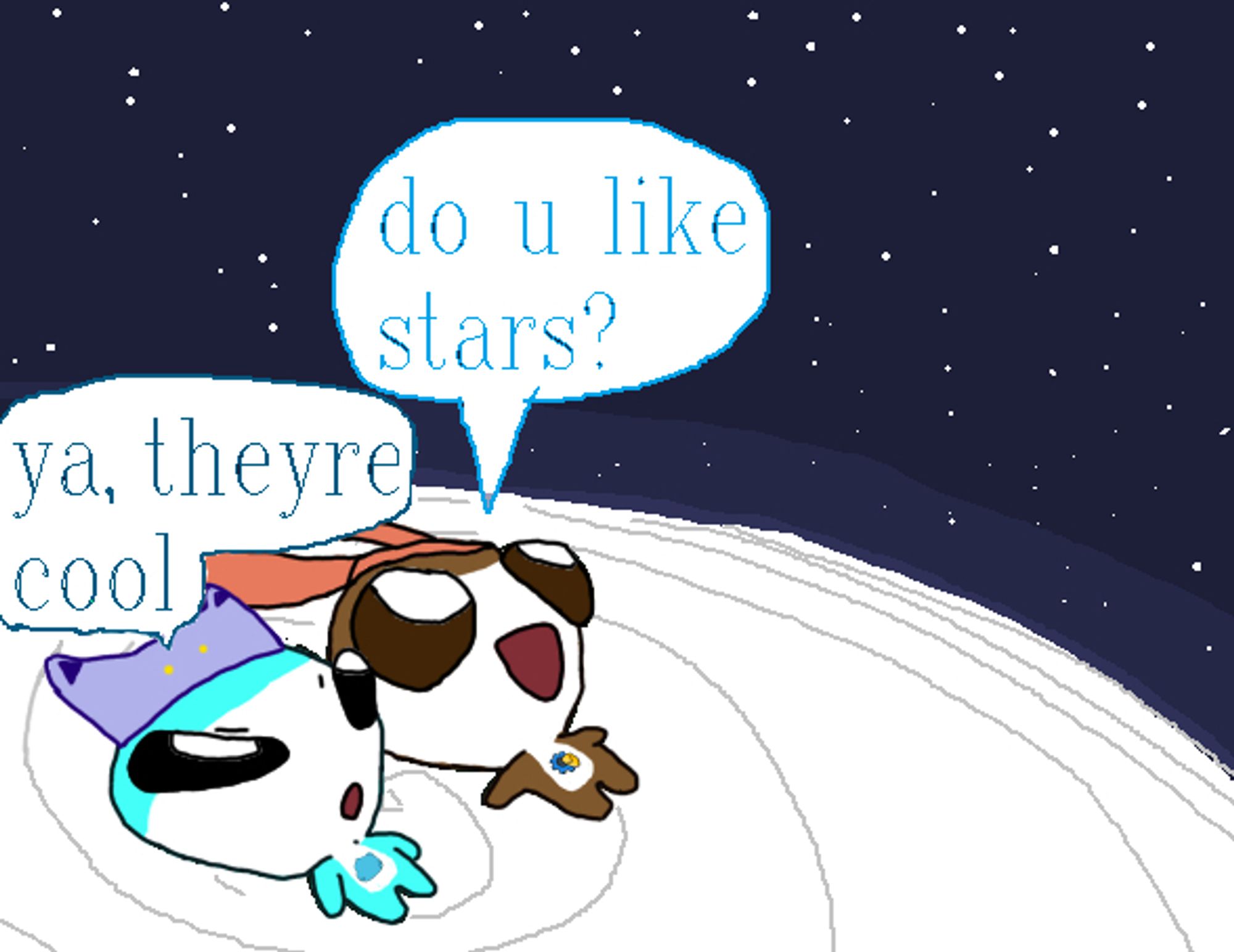 A redraw of lilalienz4ever's stargazing art of a young Birere (my OC) and Darere (gumballgaming23) lying on the planet looking at the stars. Birere asks "do u like stars?" with a smile. Darere replies "ya, theyre cool" with a passive, yet shiny-eyed expression.