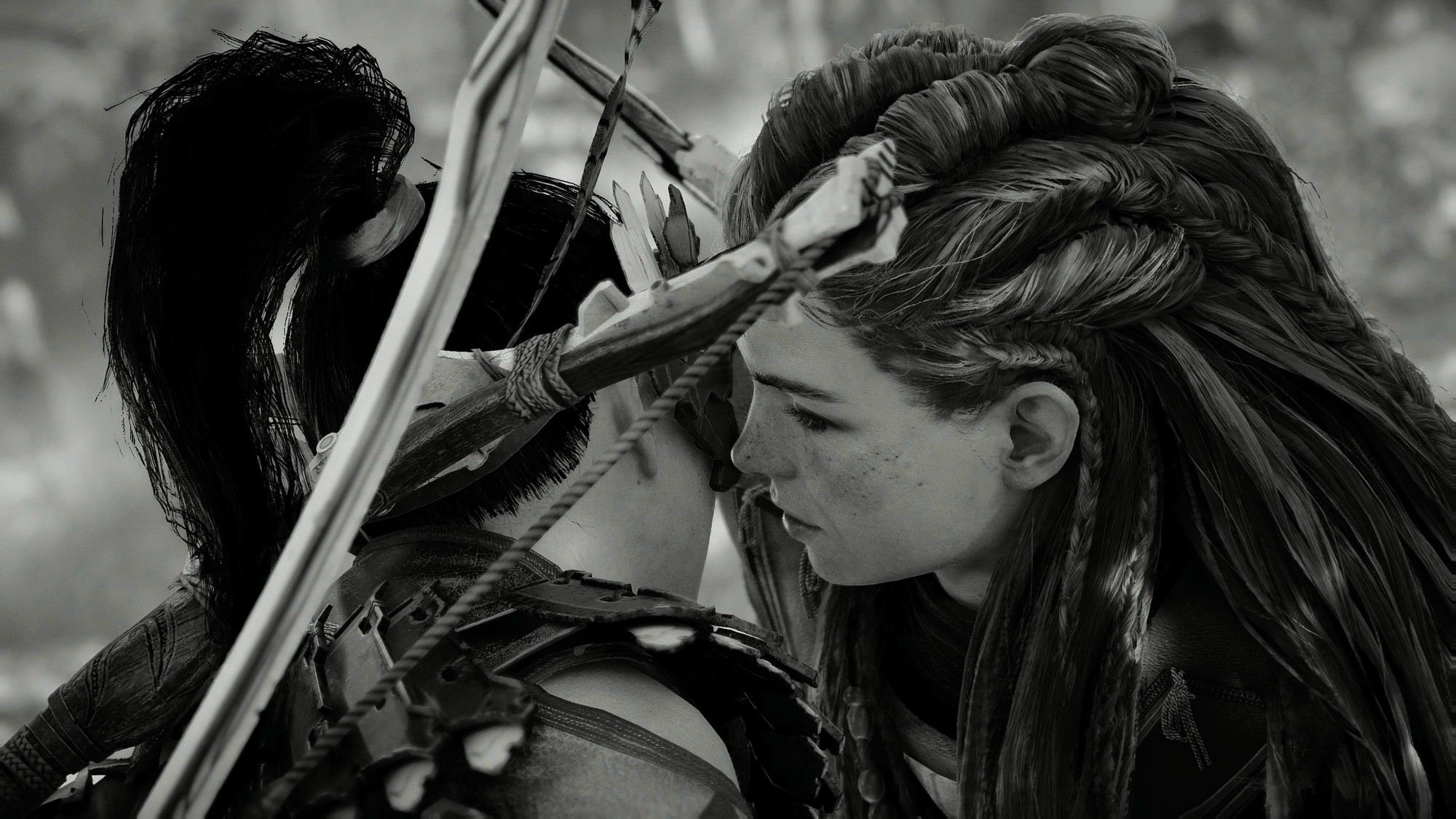 A black and white virtual photograph of the video game characters, Talanah (L), and Aloy, from Horizon Forbidden West