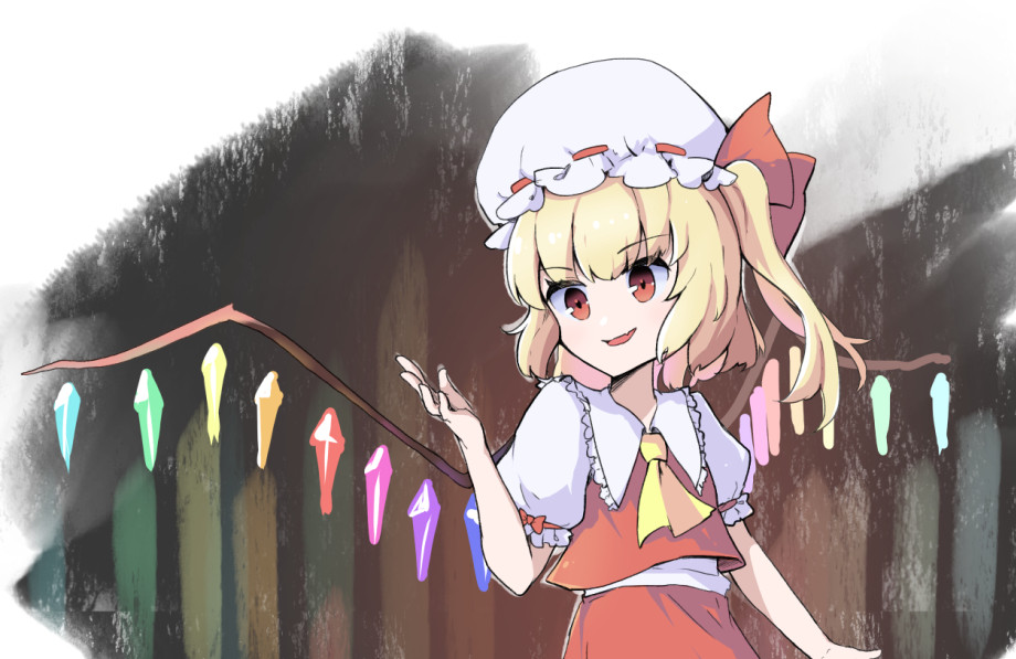 Half body work in progress of Flandre Scarlet from the Touhou Project (Embodiment of the Scarlet Devil). Her wing consists of the main structure with 8 coloured crystals hanging from them on both sides.