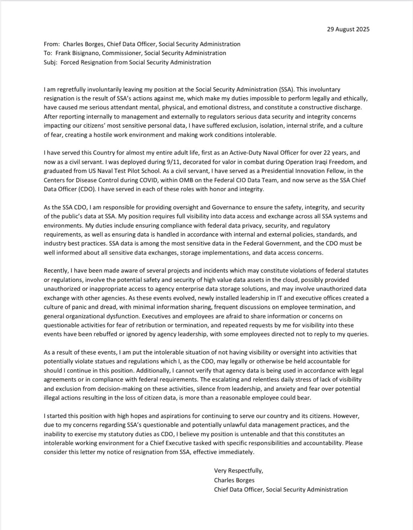 A copy of what was reported to be the resignation letter 