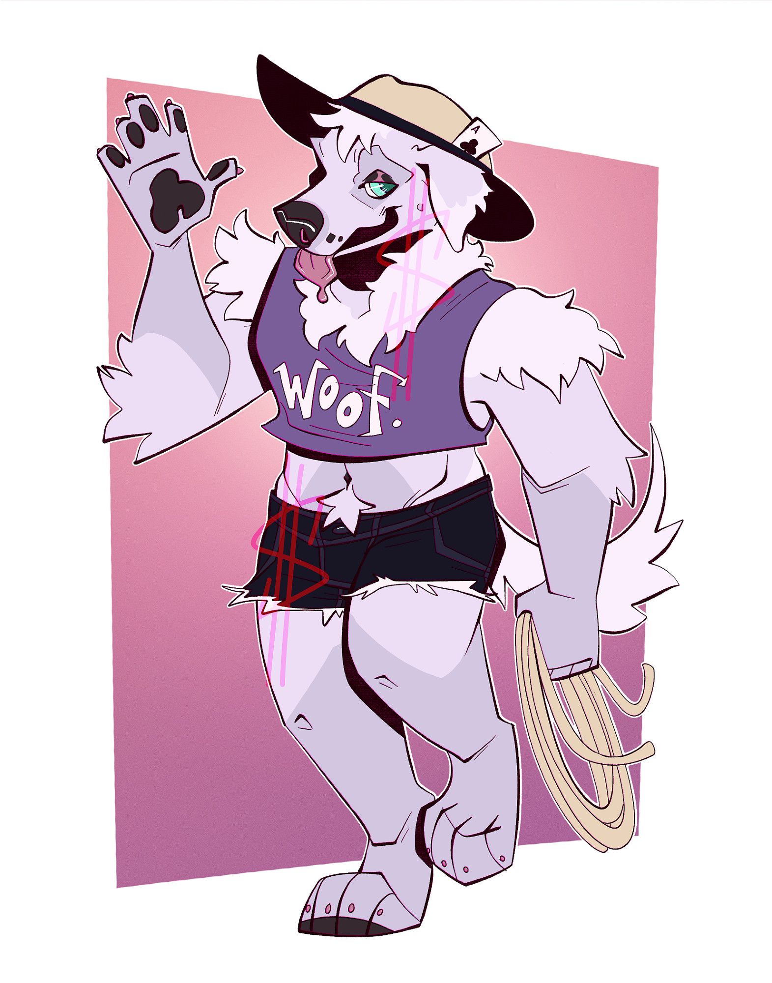 illustration of an anthro dog (kuvasz) waving to the viewer with a coy smile. they are wearing very short denim cutoffs, a wide-brimmed sun hat with a playing card (ace of clubs) in the band, and a purple, sleeveless crop top that says "Woof." they are walking with a rope in their hand. the bg is a purple-pink gradient.