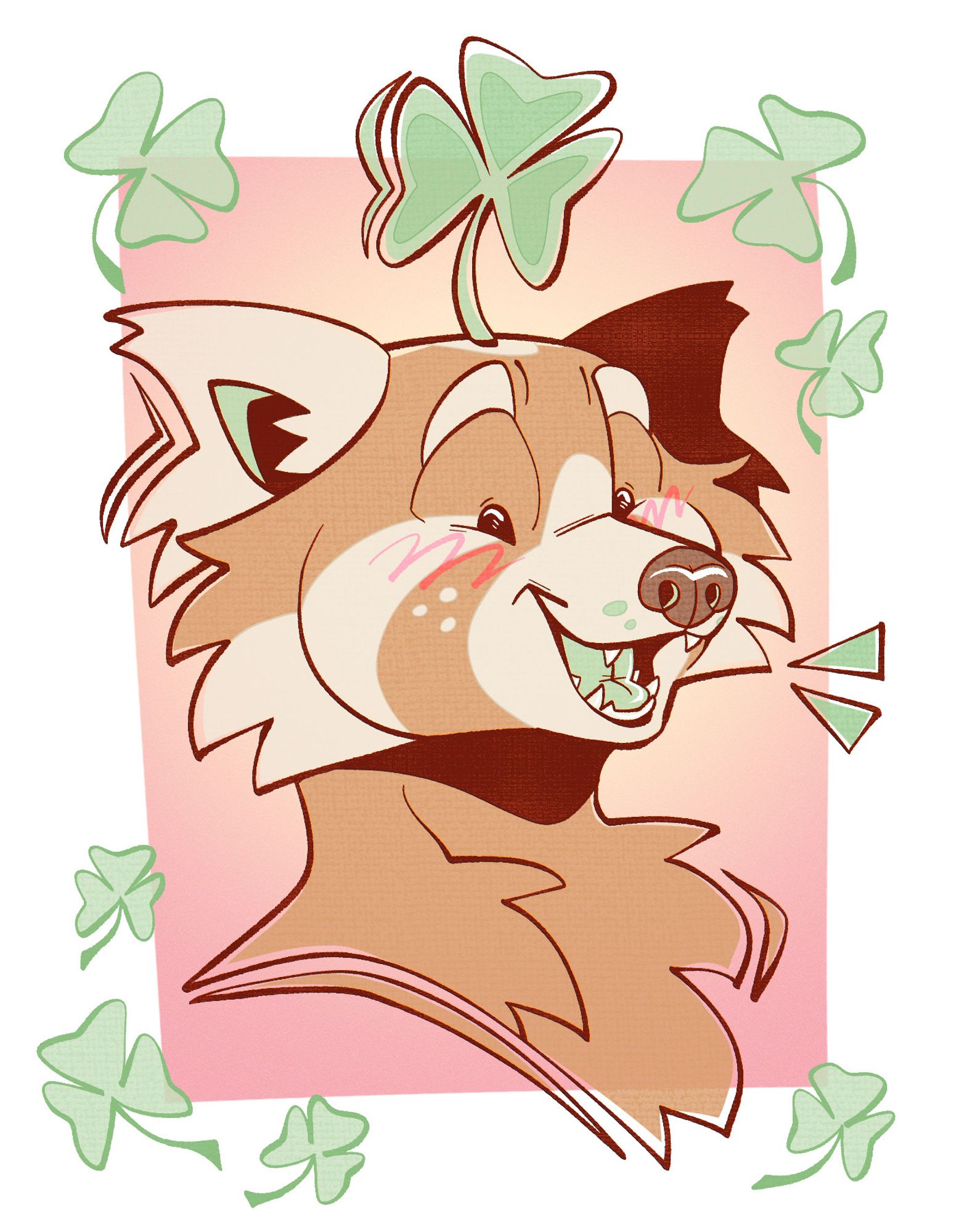 illustrated headshot of an anthro red panda with a large clover sprouting on top of their head. they have an excited/happy expression on their face and are surrounded by clovers on a pink-and-yellow bg.