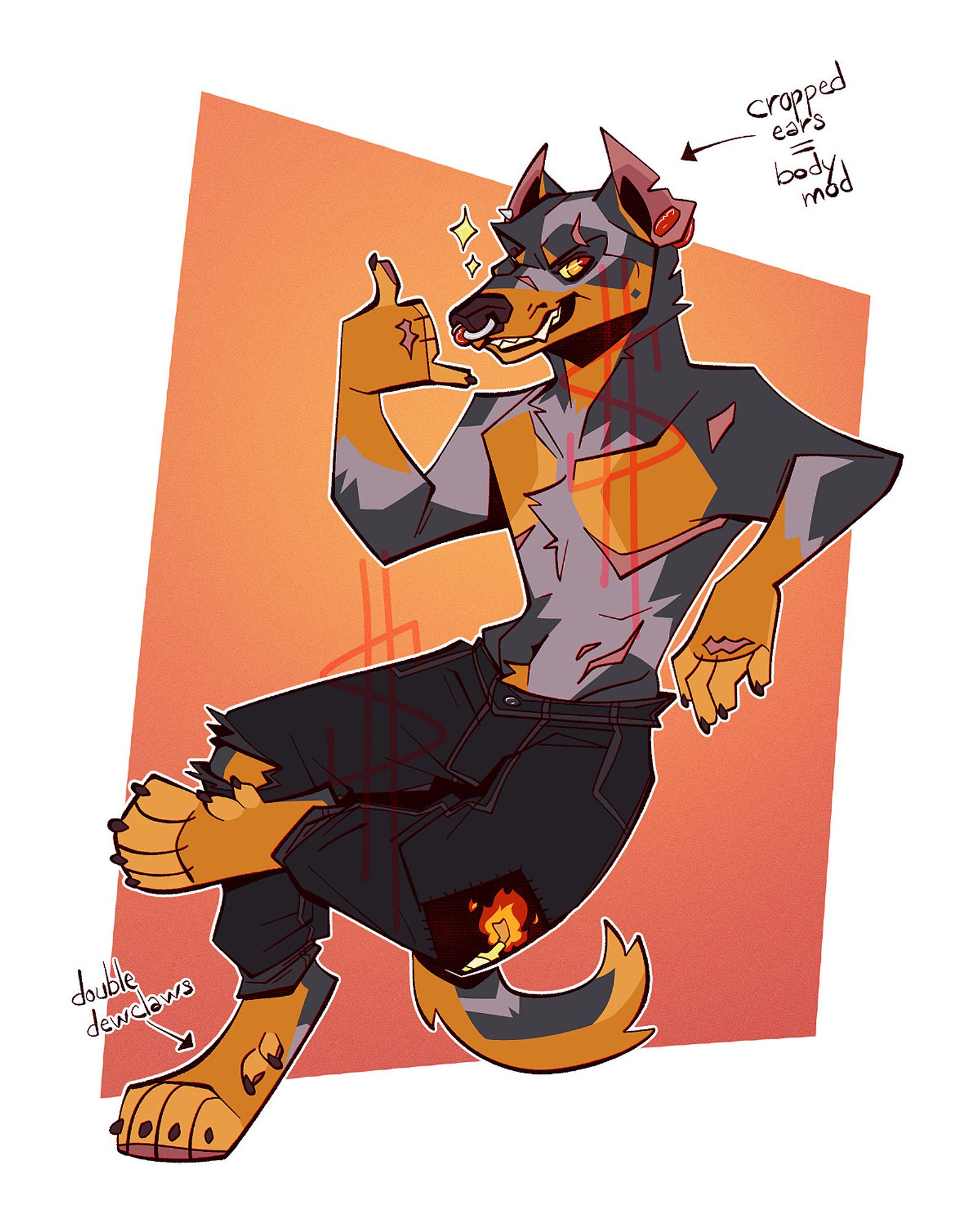 illustration of an anthro, harlequin-colored beauceron character. they have top surgery scars (and many other scars), double dewclaws on their feet-paws, cropped ears (with a note that this is a deliberate body modification), stretched lobes, a septum piercing, and a spike in one ear with a matching rip on the other. they are wearing black pants with a molotov cocktail patch over one knee and the other ripped. they are making the "call me" hand sign. the bg is a bright red-orange gradient.