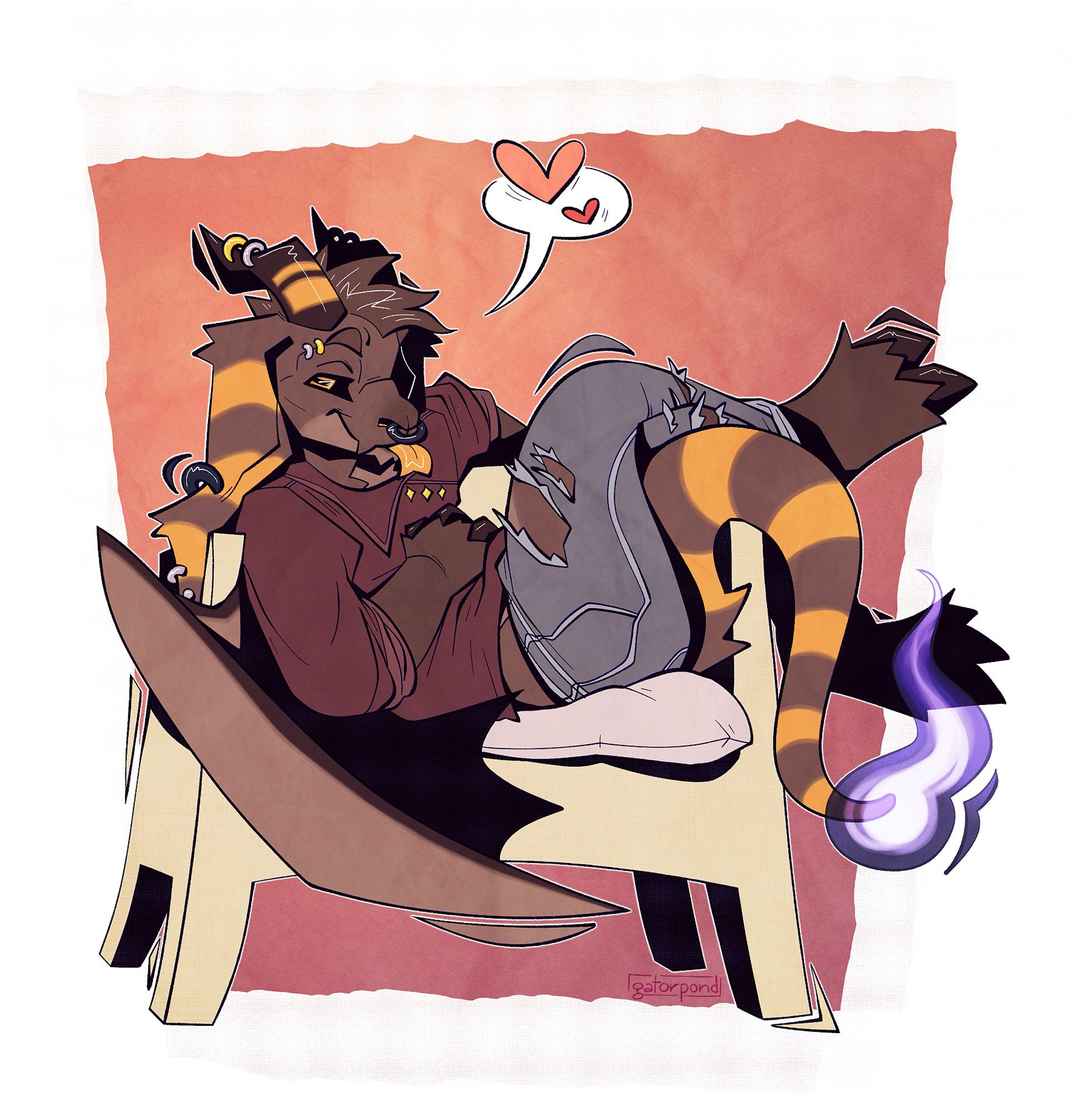 illustration of an anthro goat character lounging in a chair with a coy expression. they have many piercings in their long, floppy arms, their horns, eyebrow, and septum. they have a long tail with a blue-purple flame at the end. the bg is a pink-orange gradient.