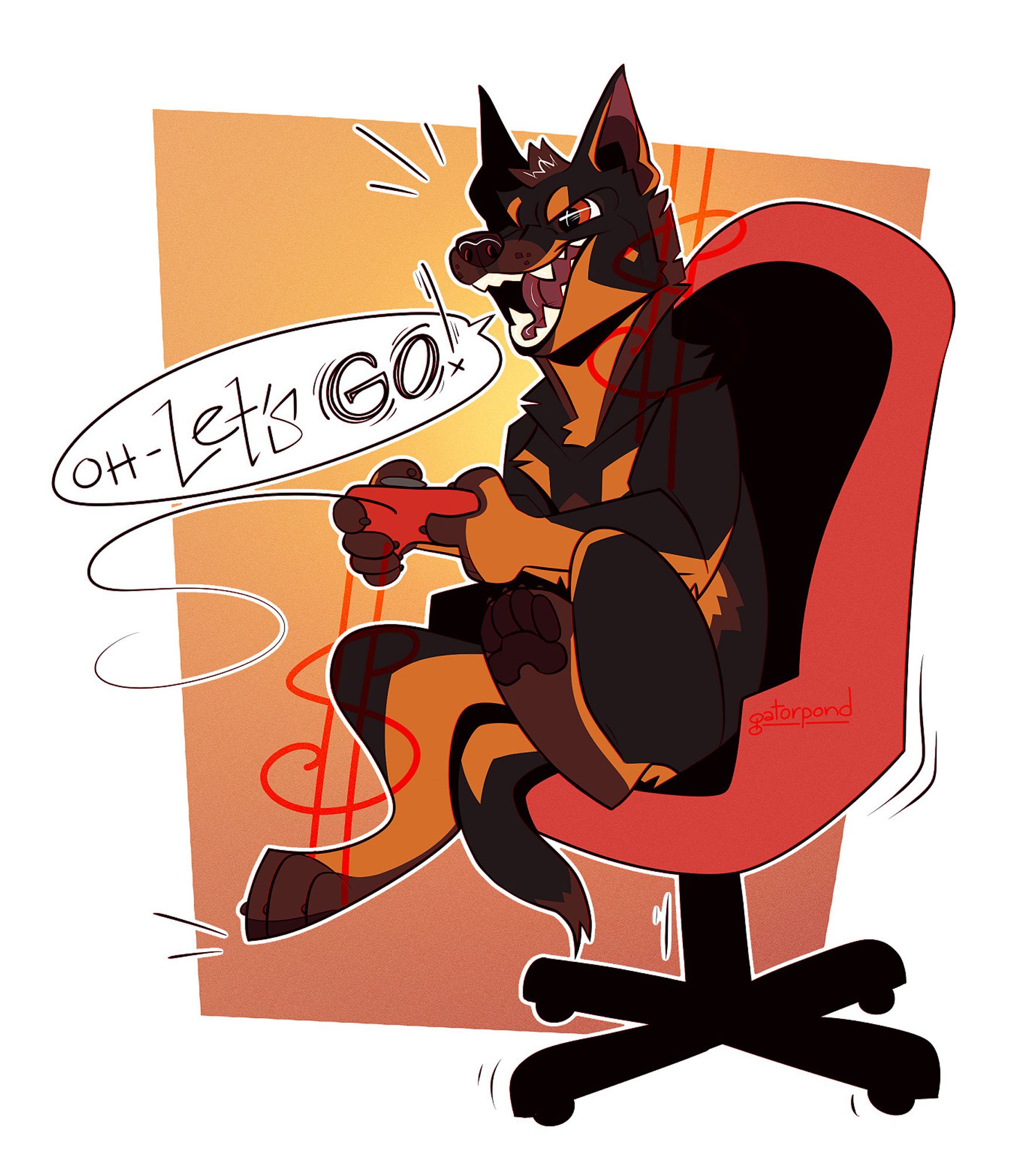 illustration of an anthro/toony dog (lancashire heeler) character playing a video game. they are holding a red controller and leaning forward in a matching red gaming chair with a determined, toothy smile. they are noticeably short with short arms and legs, and their feet don't reach the ground. they're yelling "OH- Let's GO!"