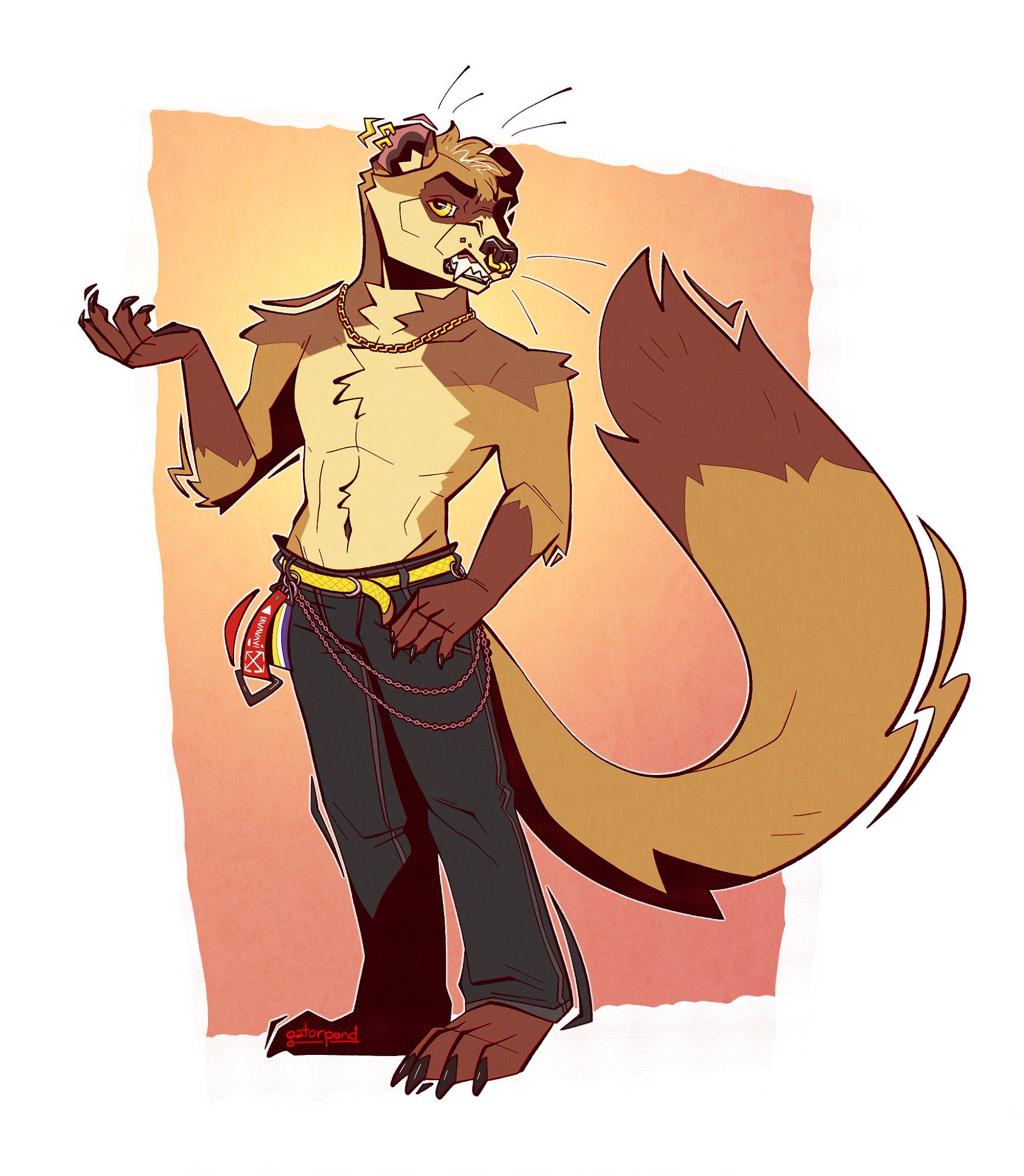 illustration of an anthro black footed ferret flashing their teeth in a bored-looking snarl. they have 2 gold piercings in one ear, a gold septum, and a gold chain around their neck. they're wearing black denim jeans with a bright yellow belt, chains, and 2 straps, one of which is a nonbinary flag. the bg is a pink-to-yellow gradient.