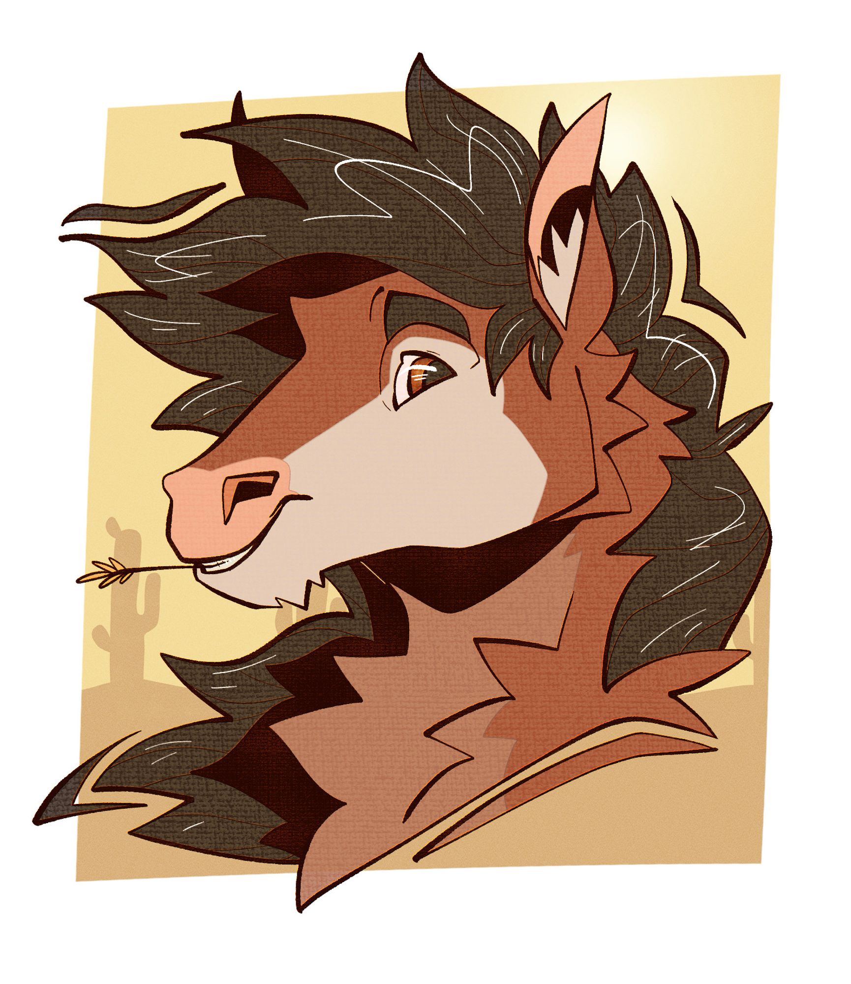 illustrated headshot of an anthro horse smiling with a piece of straw in their mouth. the bg is a simple desert, with saguaro and a bright, hot sun.