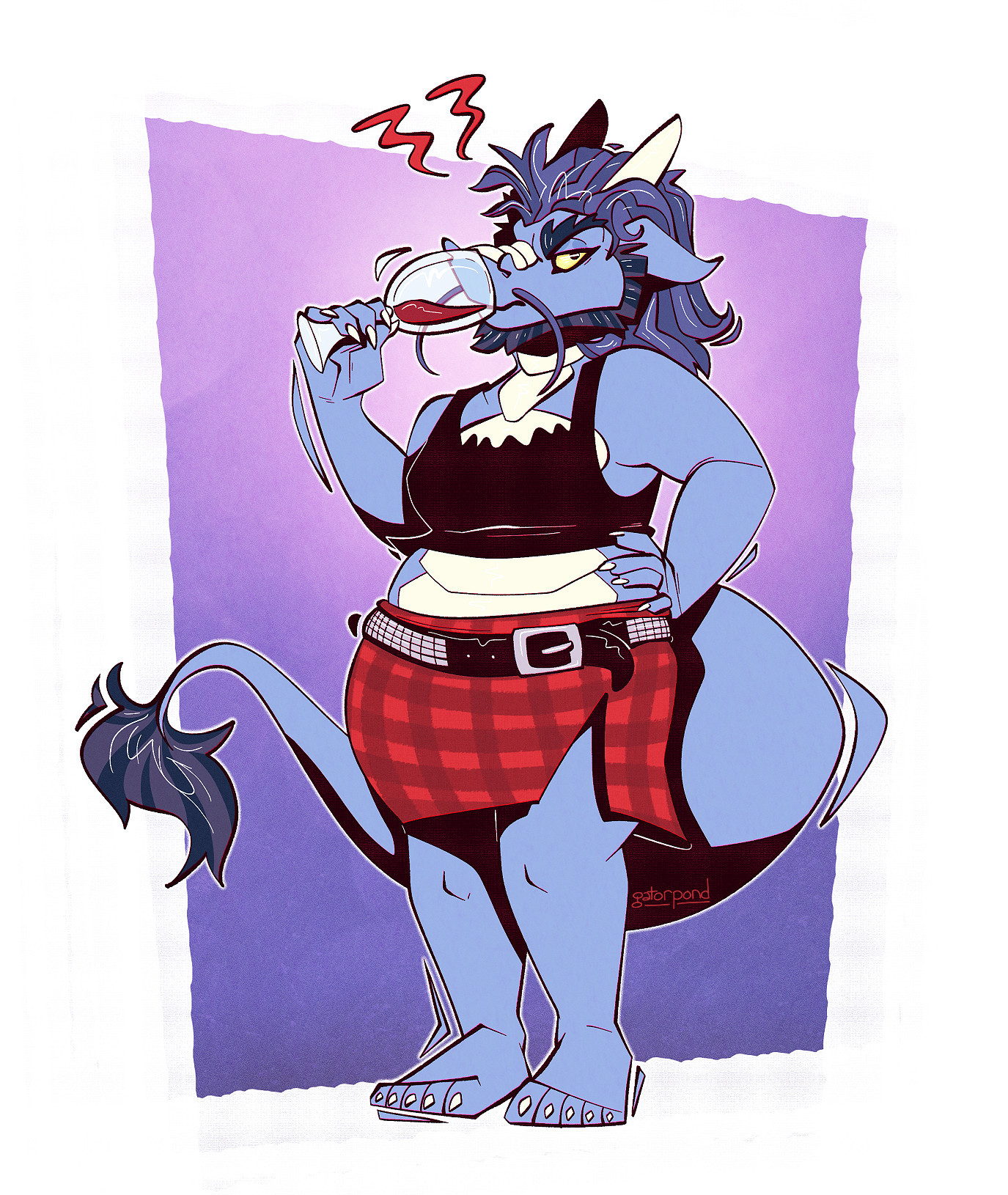 illustration of an anthro eastern dragon sipping red wine and glowering at the viewer. they are blue with white scales and horns and yellow eyes. they are wearing a black tank top with a ruffly neckline and a red plaid skirt with a black, studded belt. the bg is a purple-blue gradient.