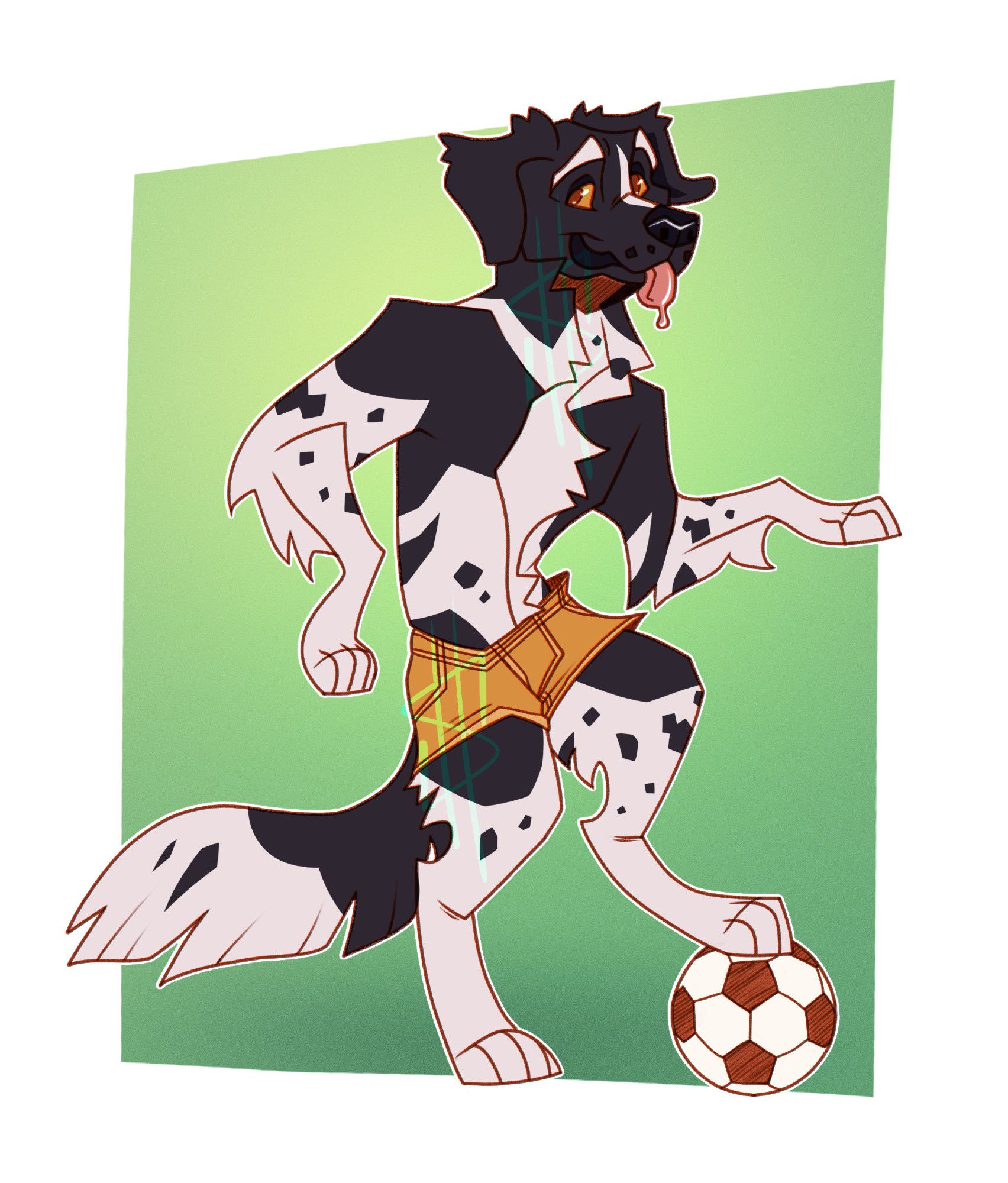 illustration of an anthro dog (stabyhoun) playing soccer