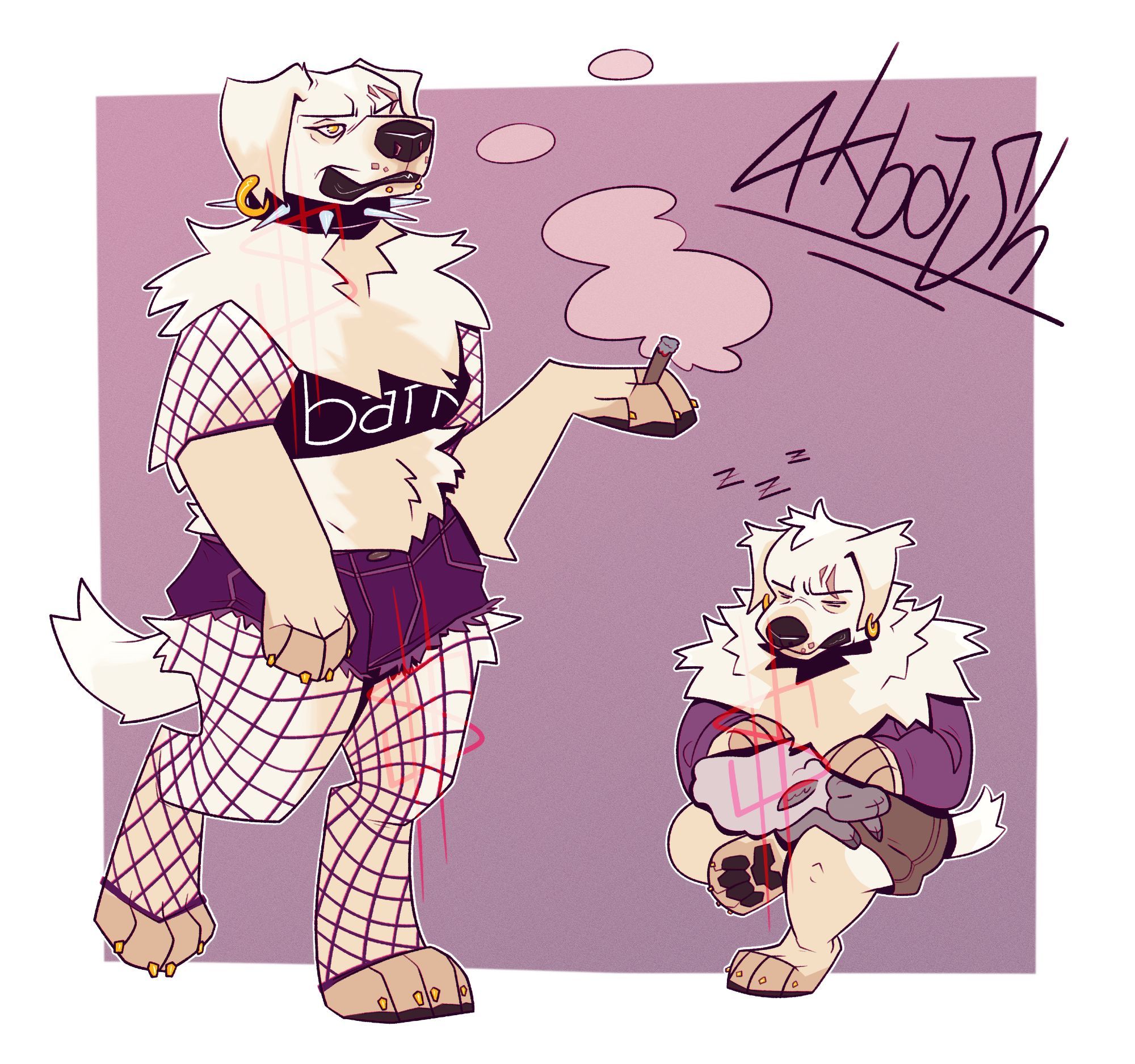 2-pose character sheet of an anthro canine character (an akbash). in one pose they are shown smoking a blunt and wearing a black sports bra or crop top that says "bark" in white letters, purple cut off shorts, and purple fishnet sleeves/stockings. they have on a black collar with long, sharp spikes and gold piercings in each ear as well as "snake bites." the second pose shows them dozing off while protecting a sheep. the text on the page reads "Akbash."