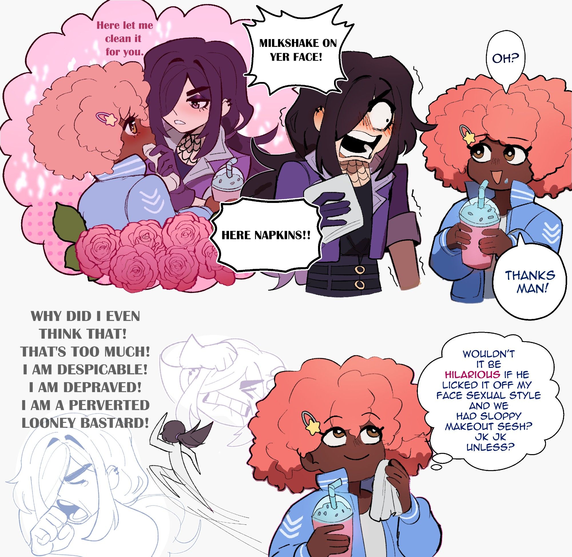 Comic illustration with my ocs Roland and Charley, Roland imagines a shoujo scenario where he wipes milkshake from Charley's face, only to run away and call himself horrible things for thinking that.