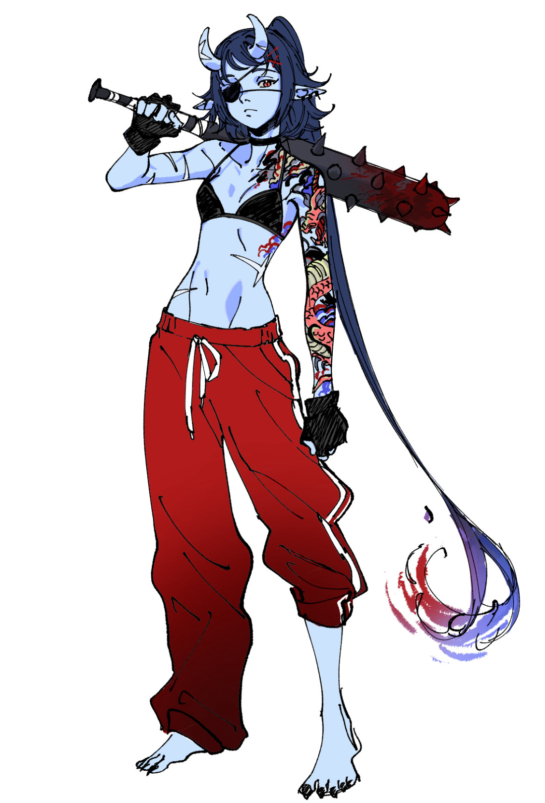 oni girl with two horns, long puffy pants, long dark hair and a weapon in her right hand