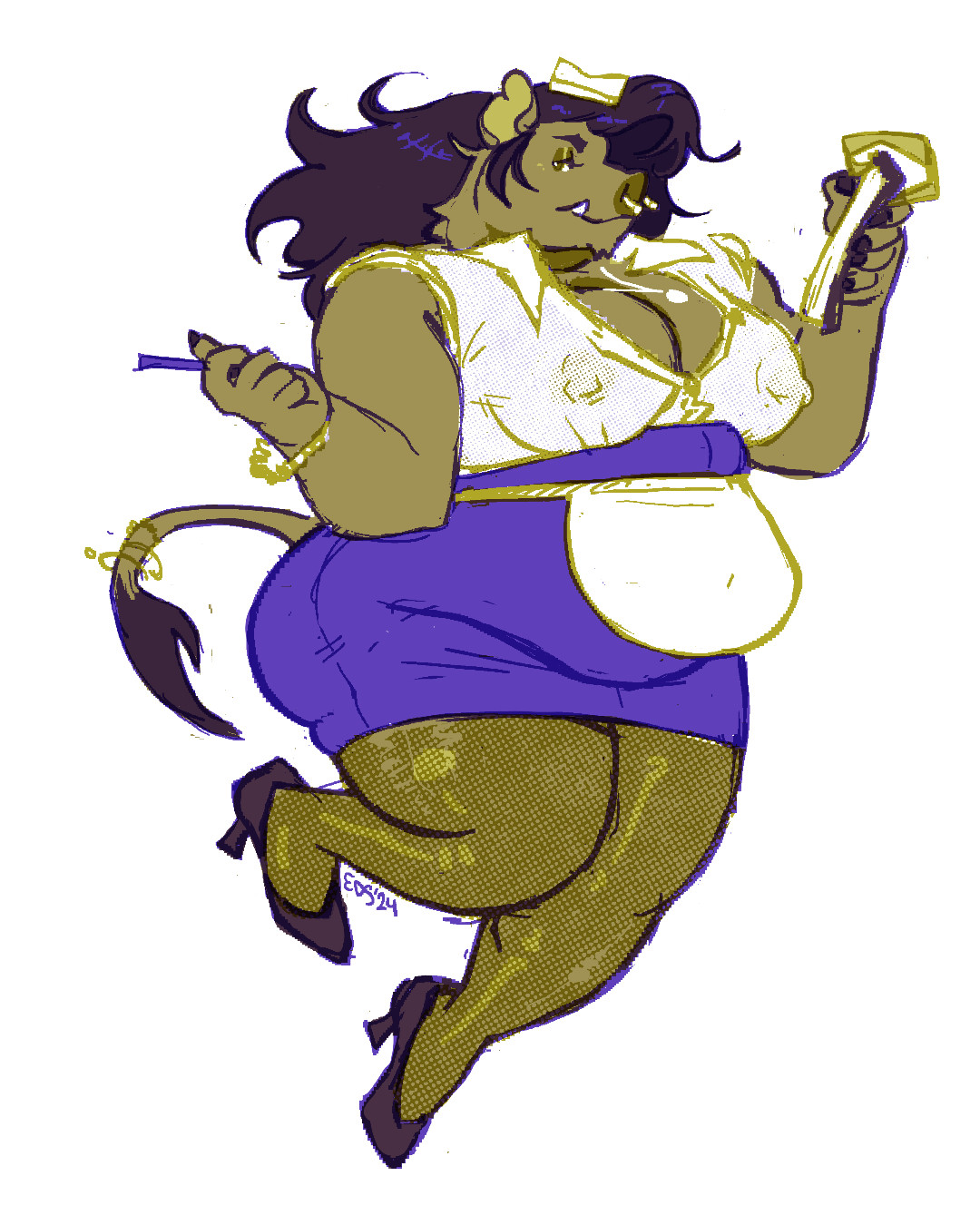 A full-figured and plus-sized anthropomorphic boar woman dressed as a stereotypical diner waitress holding a pen in one hand and a notepad in the other.