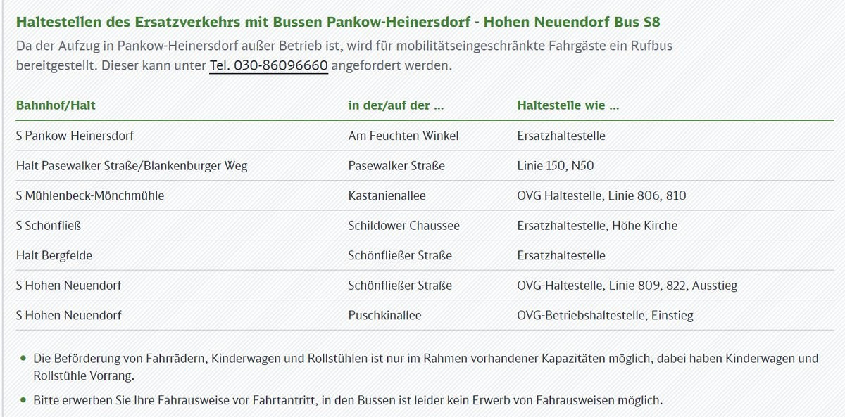 Haltestellen des Ersatzverkehrs mit Bussen Pankow-Heinersdorf - Hohen Neuendorf Bus 58

Da der Aufzug in Pankow-Heinersdorf außer Betrieb ist, wird für mobilitätseingeschränkte Fahrgäste ein Rufbus
bereitgestellt. Dieser kann unter Tel. 030-86096660 angefordert werden.

Bahnhof/Halt in der/auf der... Haltestelle wie ...

S WIDE Am Feuchten Winkel EDIT

Halt Pasewalker Straße/Blankenburger WG, Pasewalker Straße Linie 150, N50

S Mühlenbeck. Mönchmühle TILL Kastanienallee TU: NG Hal Haltestelle, Linie 806, 810 TE;
SSchönfließ 77, | )) Schildower RER 7 "ersatzhaltestelle, Hi WU Kirche

HaltBerglelle 7°.’ Schönfließer Straße Ersatzaltestelle ——°>°°’YW’WDi
SHohenNeuendof °°°°. SchönfließerStrale _ OVG-Haltestelle, Linie 809,822, Ausstieg
SHonenNeuendofd 7°... Puschkinallee — _OVG-Betriebshaltestelle, Einstieg ___—°°>UW

® Die Beförderung von Fahrrädern, Kinderwagen und Rollstühlen ist nur im Rahmen vorhandener Kapazitäten möglich, dabei haben Kinderwagen und
Rollstühle Vorrang.

® Bitte erwerben Sie Ihre Fahrausweise vor Fahrtantritt, in den Bussen ist leider kein Erwerb von Fahrausweisen möglich.
