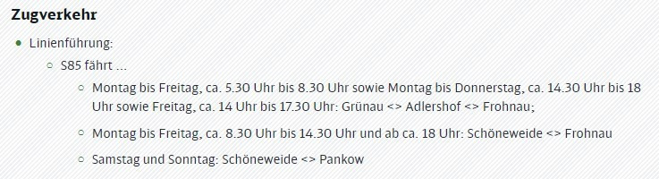 Zugverkehr

® Linienführung:
2 585 fährt...

© Montag bis Freitag, ca. 5.30 Uhr bis 8.30 Uhr sowie Montag bis Donnerstag, ca. 14.30 Uhr bis 18
Uhr sowie Freitag, ca. 14 Uhr bis 17.30 Uhr: Grünau <> Adlershof <> Frohnau;

© Montag bis Freitag, ca. 8.30 Uhr bis 14.30 Uhr und ab ca. 18 Uhr: Schöneweide <> Frohnau

© Samstag und Sonntag: Schöneweide <> Pankow
