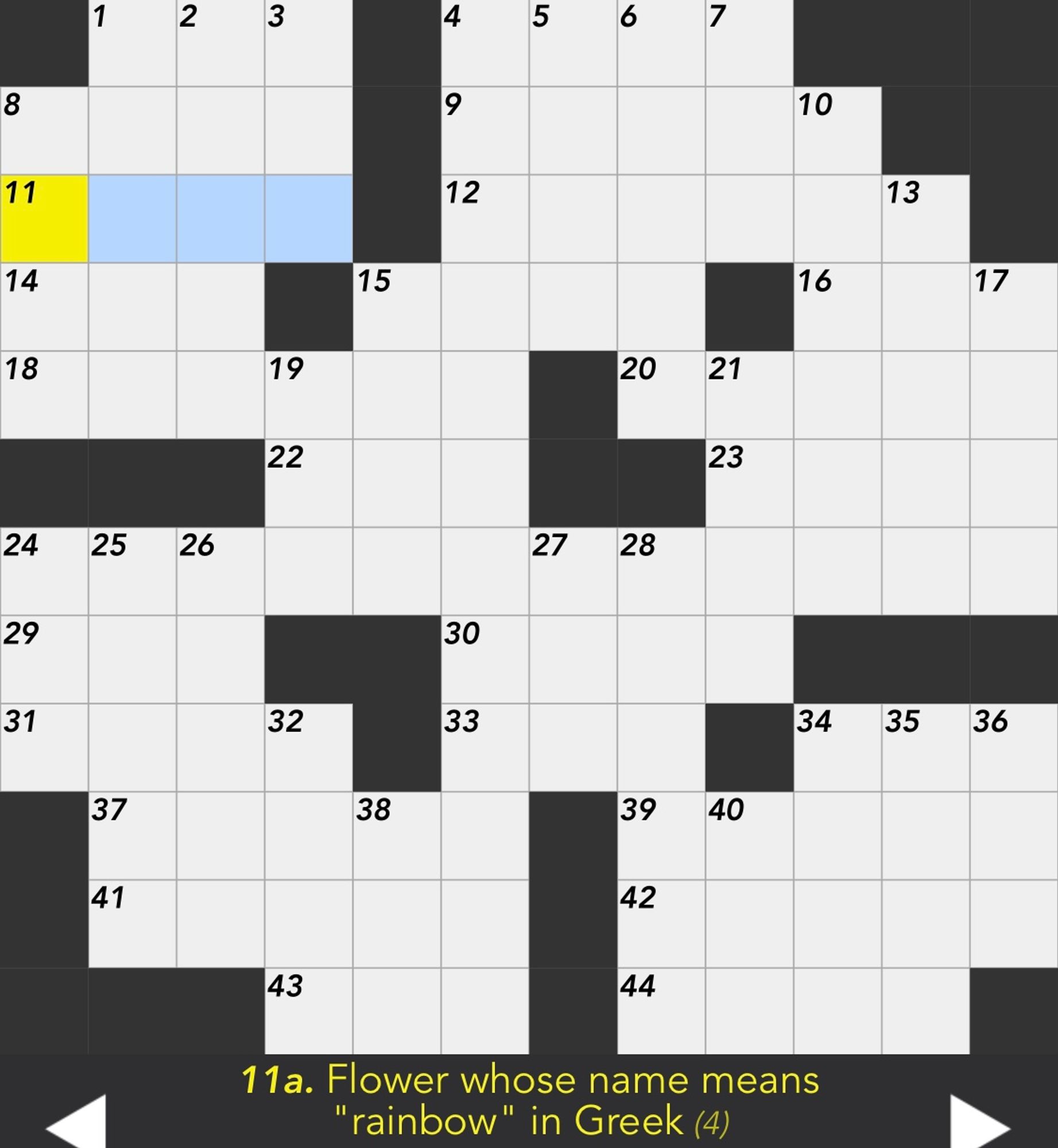 Clue for 11-Across: Flower whose name means "rainbow" in Greek (4 letters)